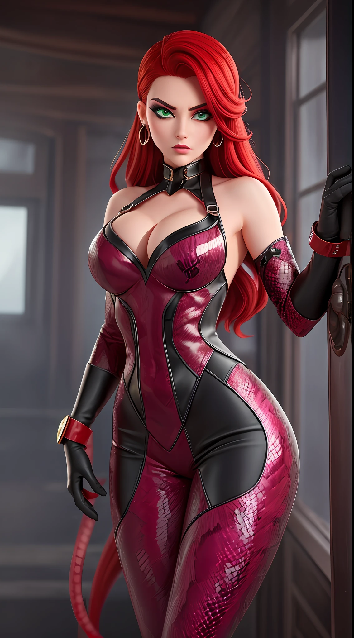 Crimson Viper has a seductive appearance, with intense red hair and mesmerizing green eyes. Her skin has a pale undertone, enhanced by dramatic eye makeup. She wears a fitted outfit in shades of red and black, with details reminiscent of snake scales. When you use your poisonous powers, a subtle mist of poison envelops your body, giving off a poisonous glow.