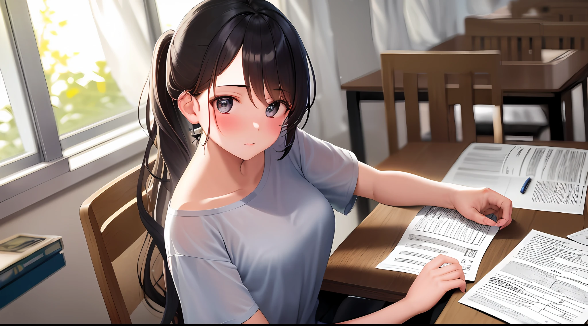 masterpiece, Best quality, High Resolution, One girl, Loose t-shirt, girl sitting on chair and studying drafting at desk,, studying seriously, paperwork, good luck studying, drafting, beauty, cute, paperwork, architect, high ponytail, face down on desk