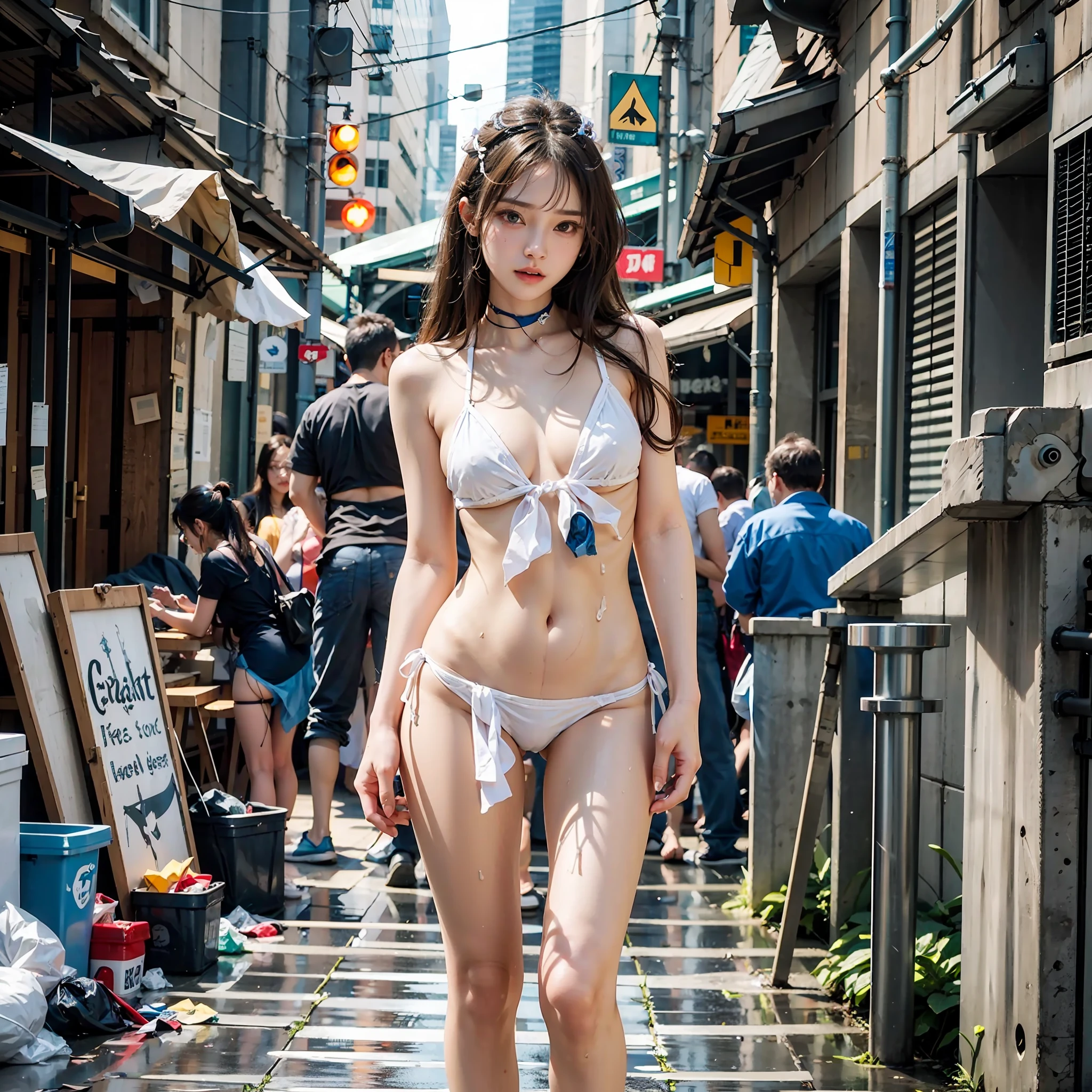Stinky gutter, many, many men, people coming and going, crowds, best quality, full body portrait (1:1), delicate face, 18 year old girl, slim body, skinny, smaller bust, white transparent bikini, looming, panties to crotch, barefoot, garbage, sweat