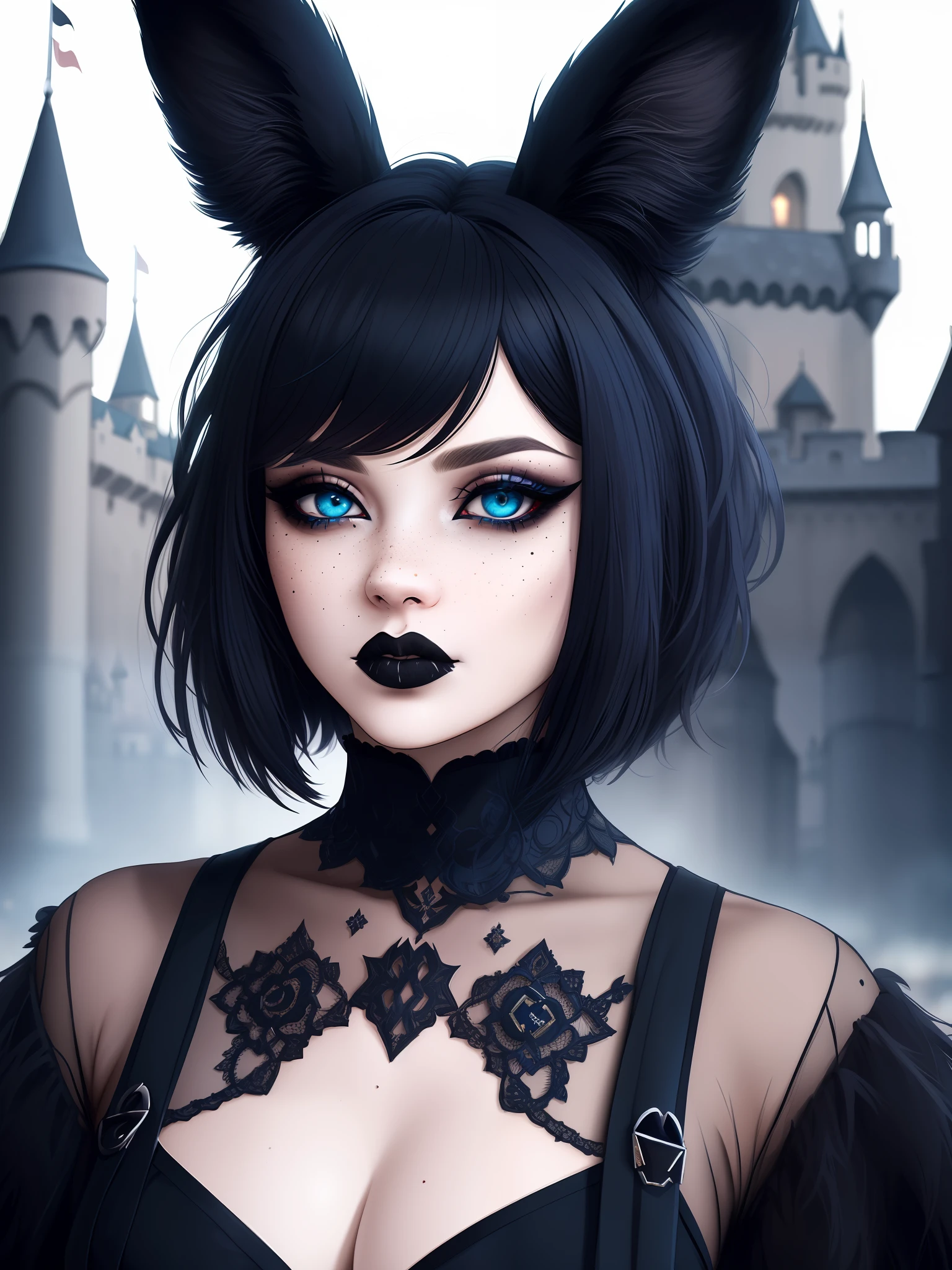 beautiful woman, half body portrait, black disheveled hair, black eyeshadow, (goth style wear:1.2), (castle background:1.2), dark makeup, digital art, trending on artstation, highly detailed, fine detail, intricate, beautiful detailed glow, detailed, Cinematic light, highres, detailed facial features,sharp focus, smooth, aesthetic, blue eyes, freckles, furry bunny ears