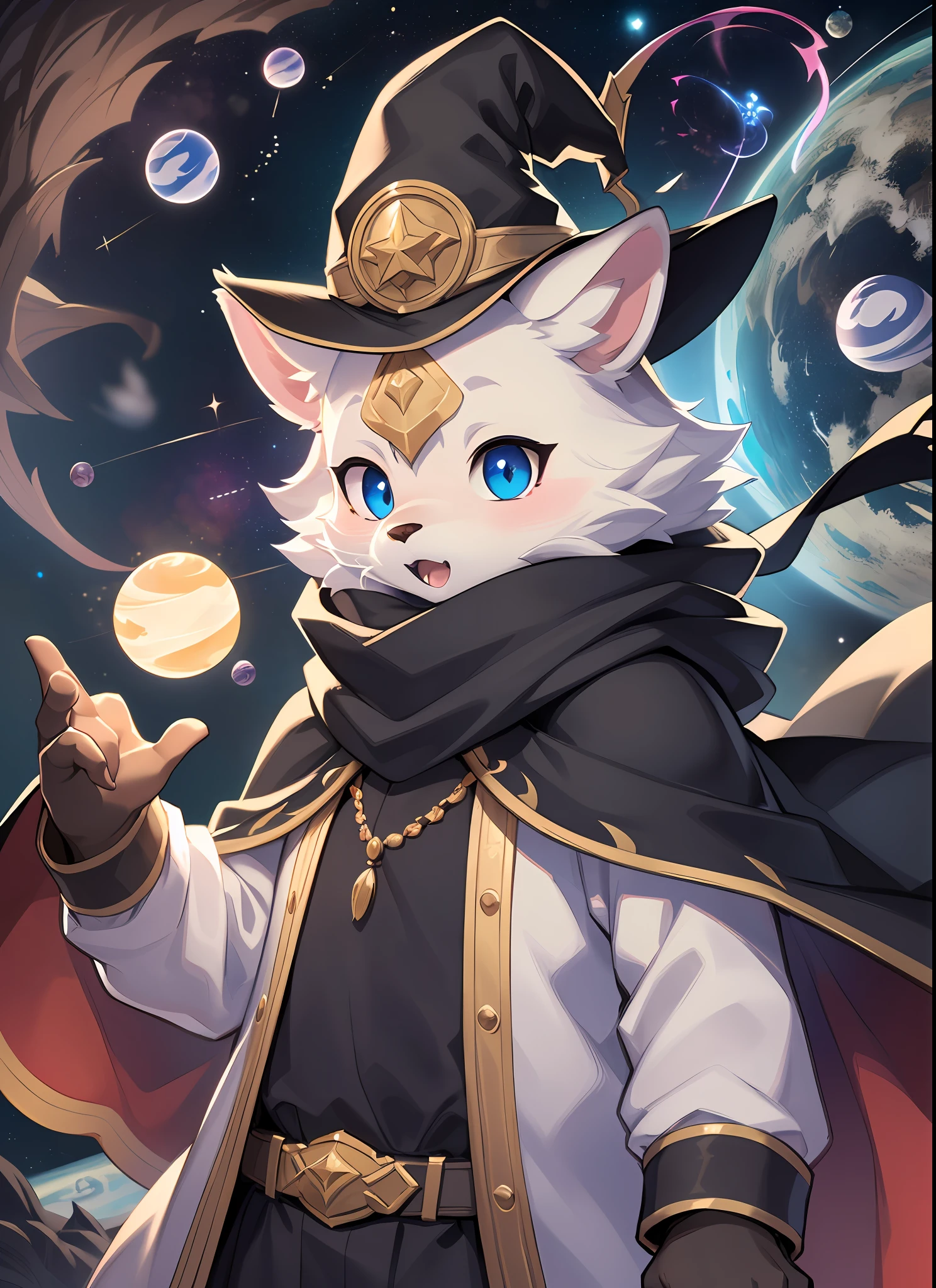 masterpiece, high quality portrait, 3D realistic CG, dramatic lighting, intricate details, sharp focus, 16k, anthro, furry, (cub), (whiskers), solo child boy, wizard hat, cape, scarf, (surprised), (magic wind orbs:1.4), (reaching hand out), (outer space planets), (by kekitopu), full shot