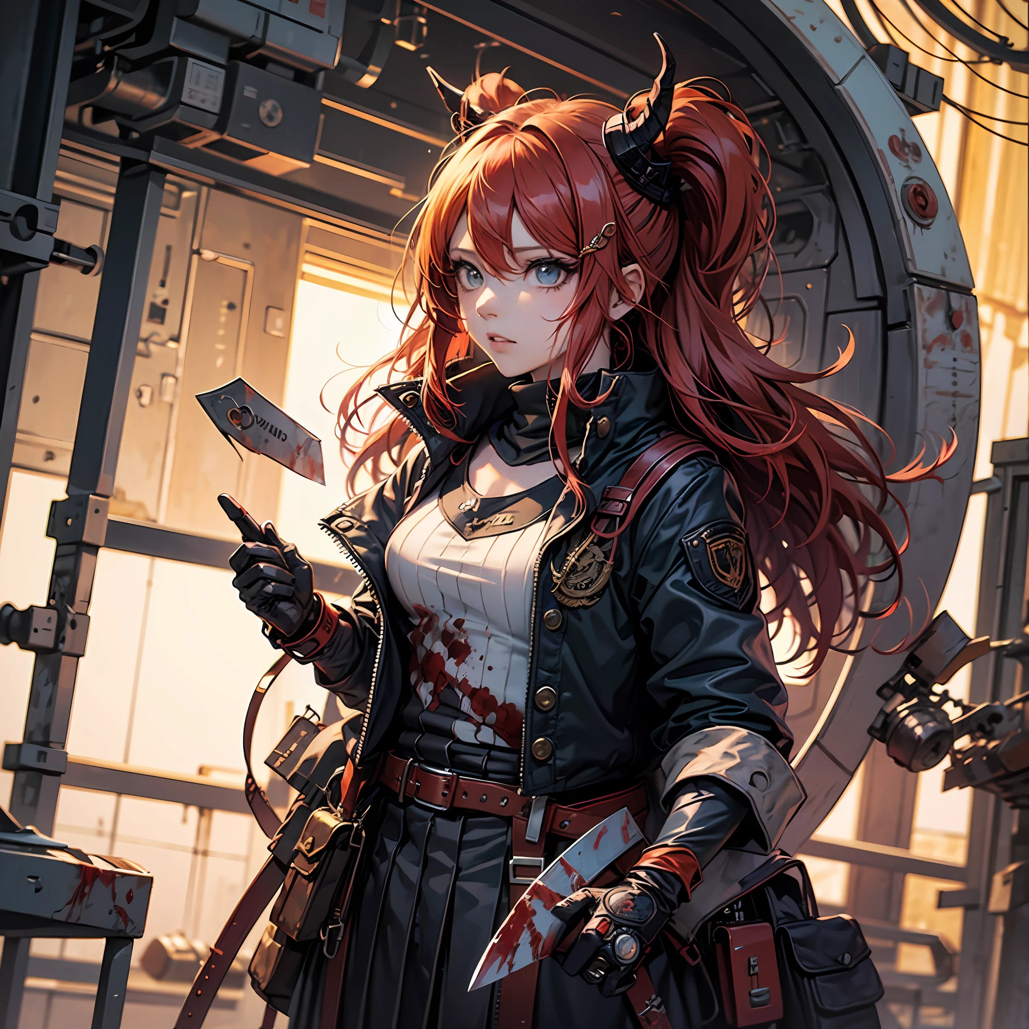 anime girl with red hair holding a knife and a bloody knife, gapmoe yandere grimdark, demon slayer rui fanart, gapmoe yandere, yandere intricate, portrait gapmoe yandere grimdark, akane owari danganronpa, demon anime girl, demon slayer artstyle, yandere, katana, handsome japanese demon boy --auto
