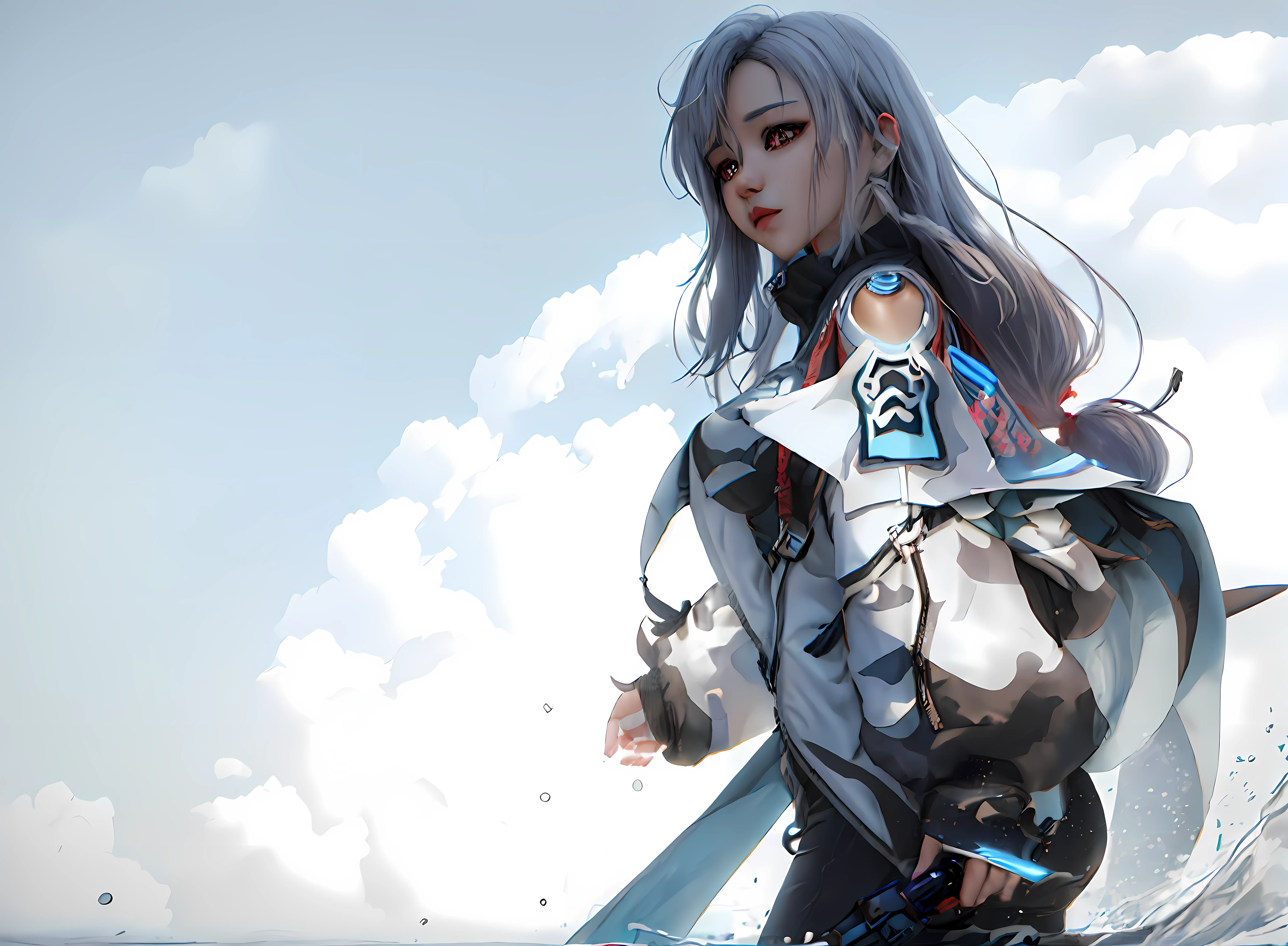 there is a woman that is standing in the water with a coat, trending on cgstation, 3 d render character art 8 k, photorealistic anime girl render, female cyberpunk anime girl, beautiful digital artwork, cyberpunk anime girl, smooth anime cg art, trending at cgstation, ross tran 8 k, tifa lockhart, 3 d anime realistic