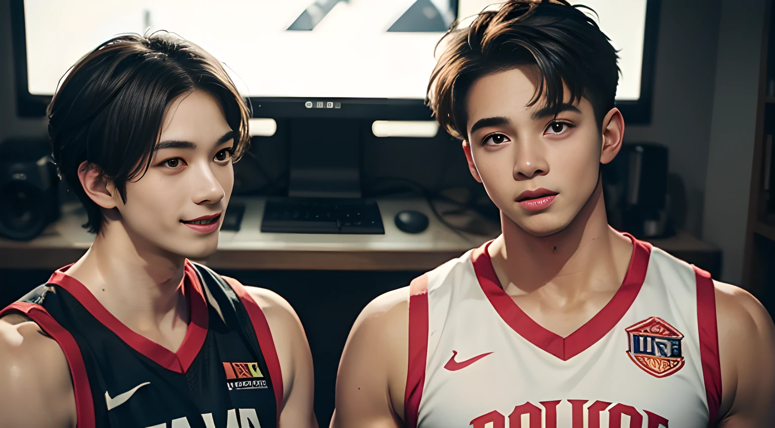 handsome muscular young man in his 20's, mischivous smile, short hair,
