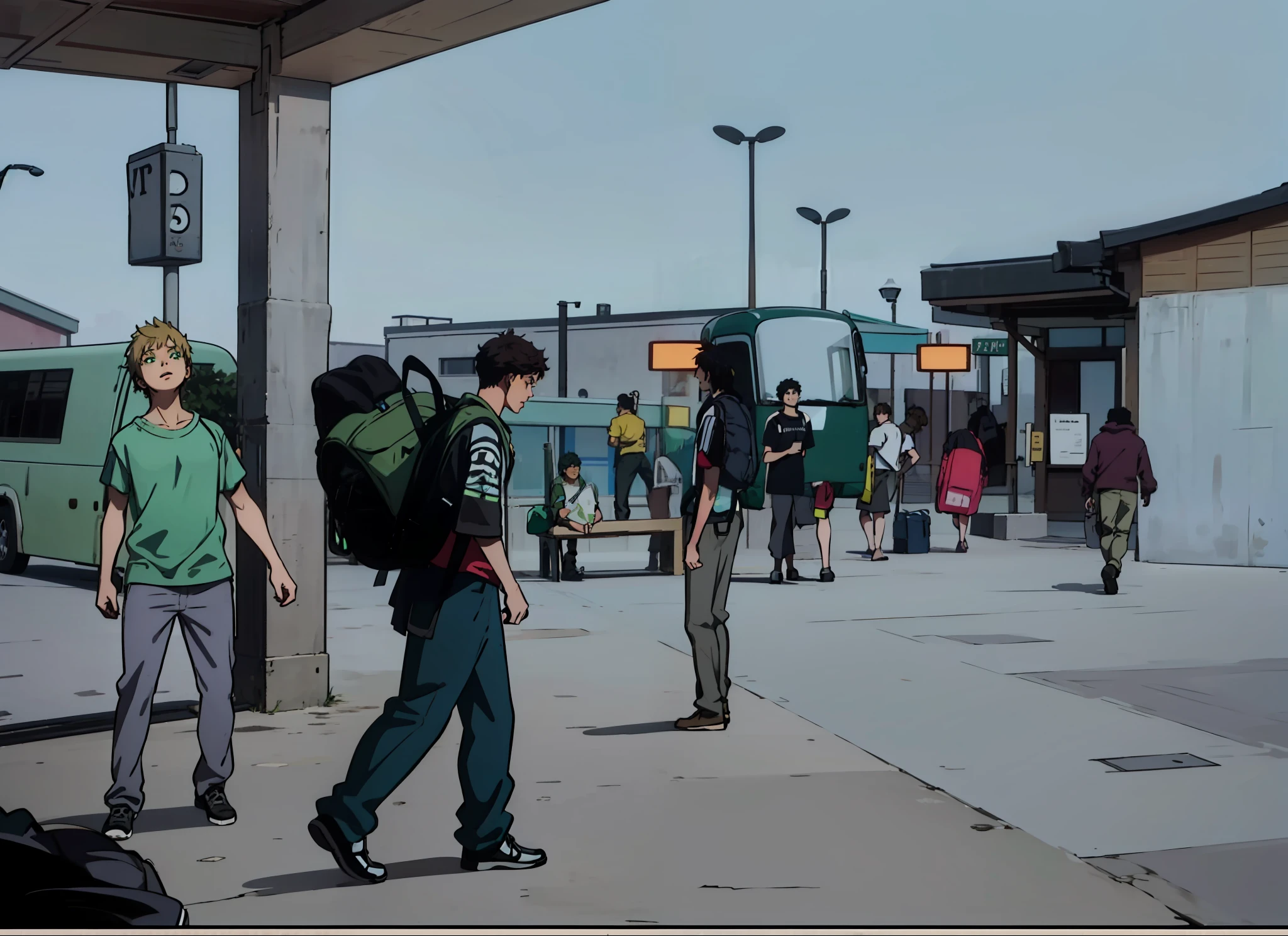 4k, realistic, very detailed, anime. Two agers at a bus station. A male teen, dark haired, green eyes, with a black backpack. A male teenagera green T-shirt