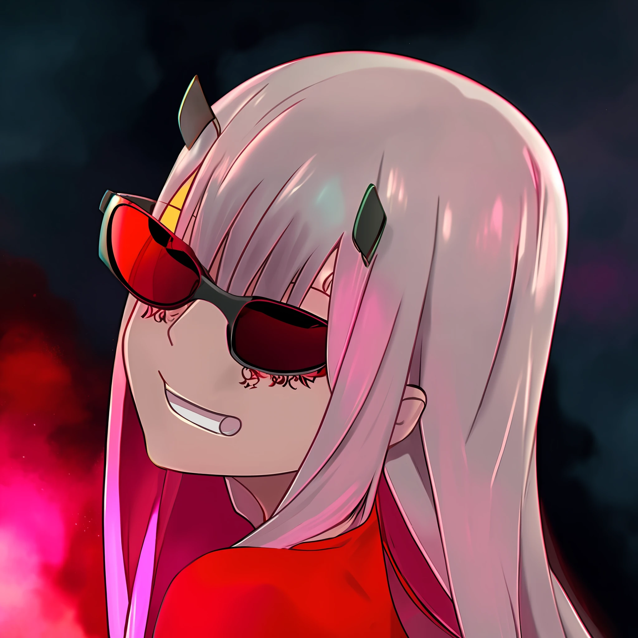 Anime character woman, with light pink hair, with tattoos and reflective Oakley glasses, 2D anime style, anime aesthetic, Zero two of darling in the franxx, fair skin, tidy up the tattoo features, no bugs.