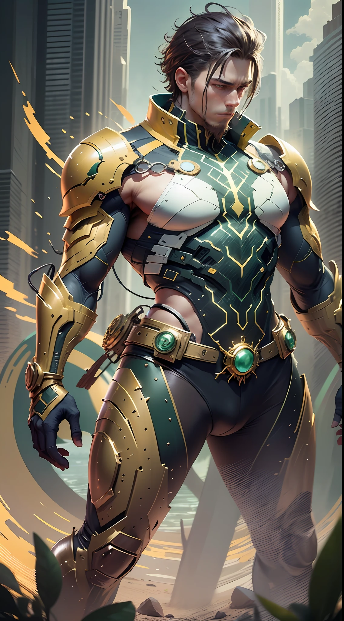 Develop an image of a hero wearing a green and gold costume. The hero must have a noble and powerful appearance, with distinct character traits. The green and gold costume should be modern and futuristic, with technological elements and details that make it unique. The hero must be in a heroic pose, as if he is ready to face any challenge that comes his way. The background scene can be an urban landscape or an imaginary landscape that matches the heroic aura of the character. Feel free to add creative and interesting details to make the hero even more captivating