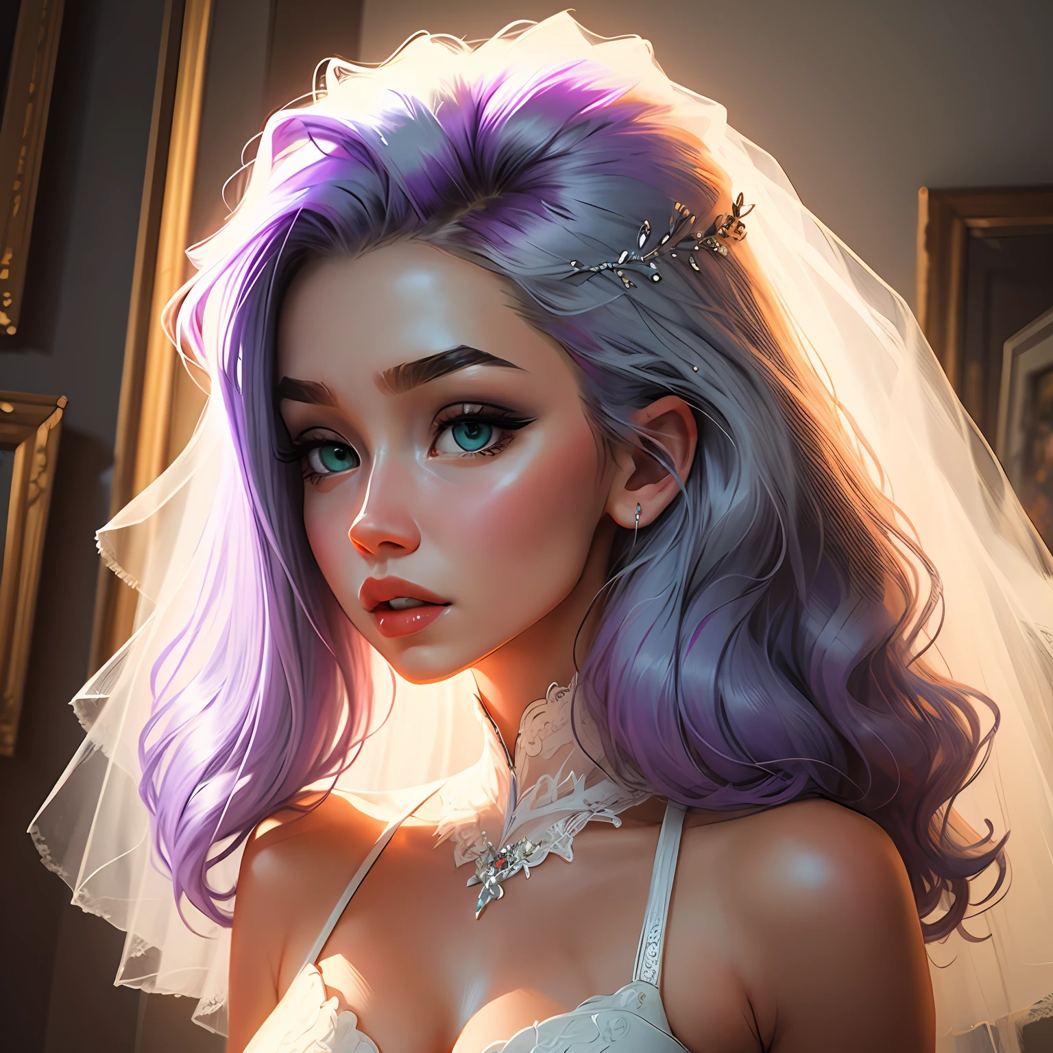 "(((masterpiece)))), best quality, stunning illustration, wallpaper in ultra detailed CG in 8k, beautiful and delicate, at dynamic angle, in dynamic pose, (1 girl), blue eyes, multicolored hair + silver hair: 1.3 + red hair: 1.2 + purple hair + yellow hair: 1.3 + green hair: 1.4. Wedding dress." --auto