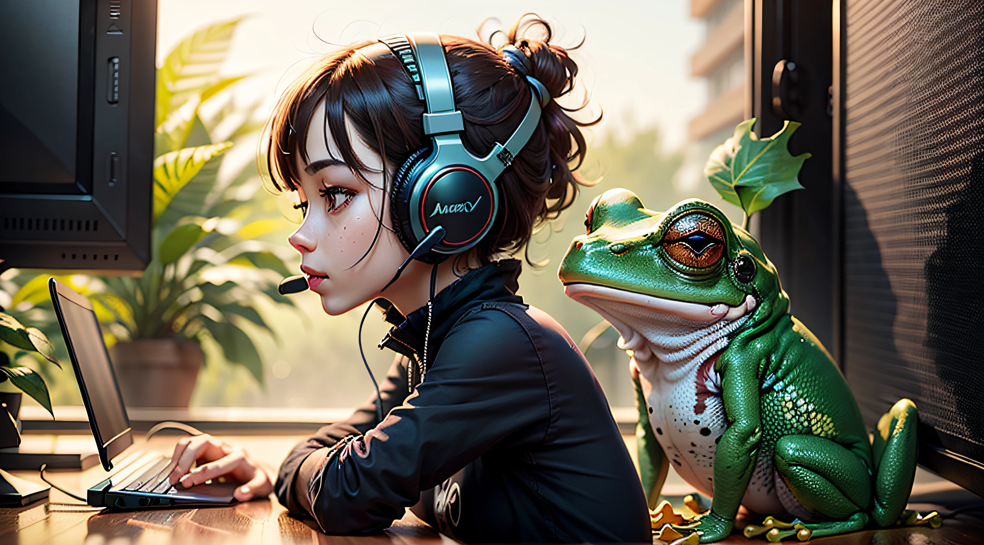 a Frog with headset listening to music, futuristic realistic frog with robot body --auto