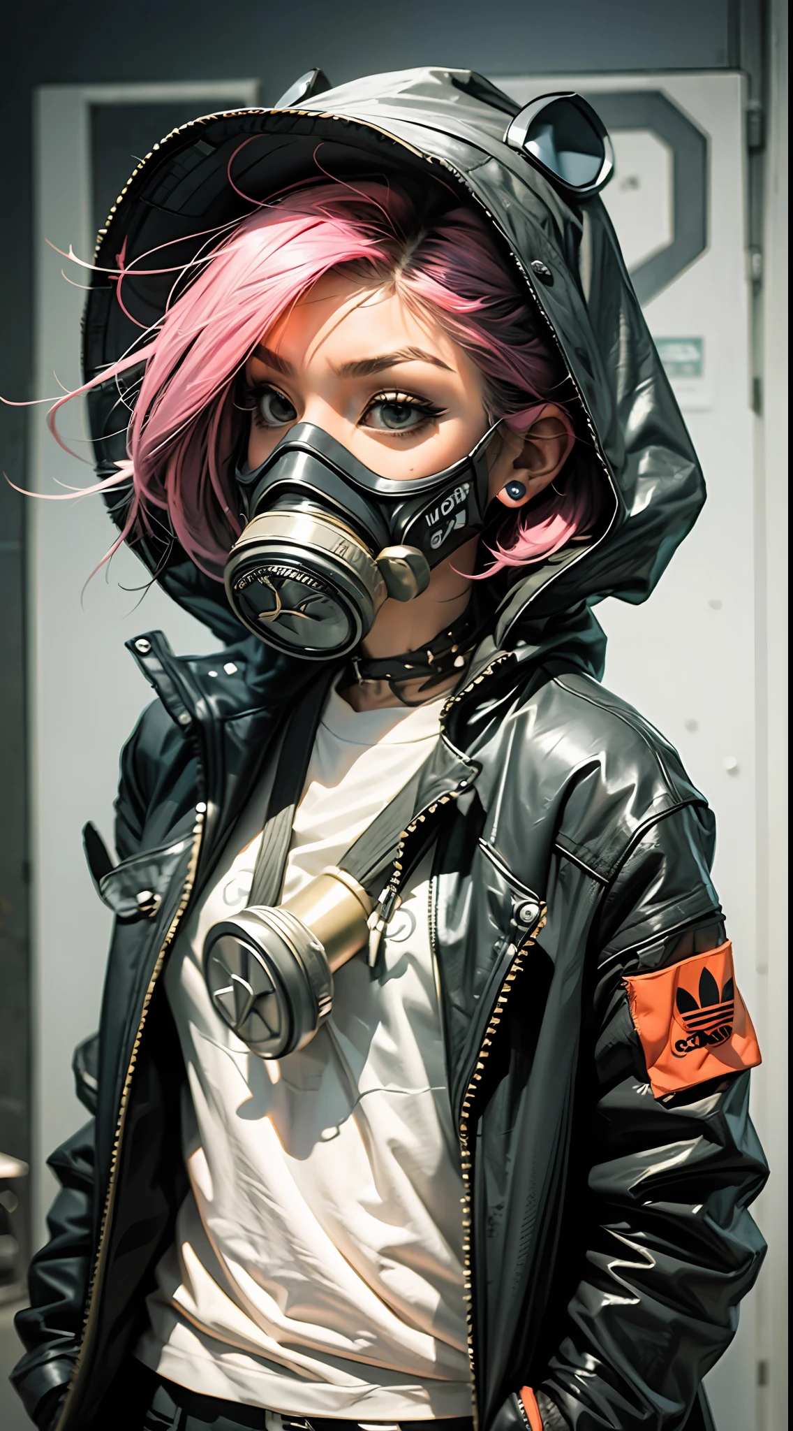 Ultra wide photo(1punk girl with gasmask)with adidas coat and hood