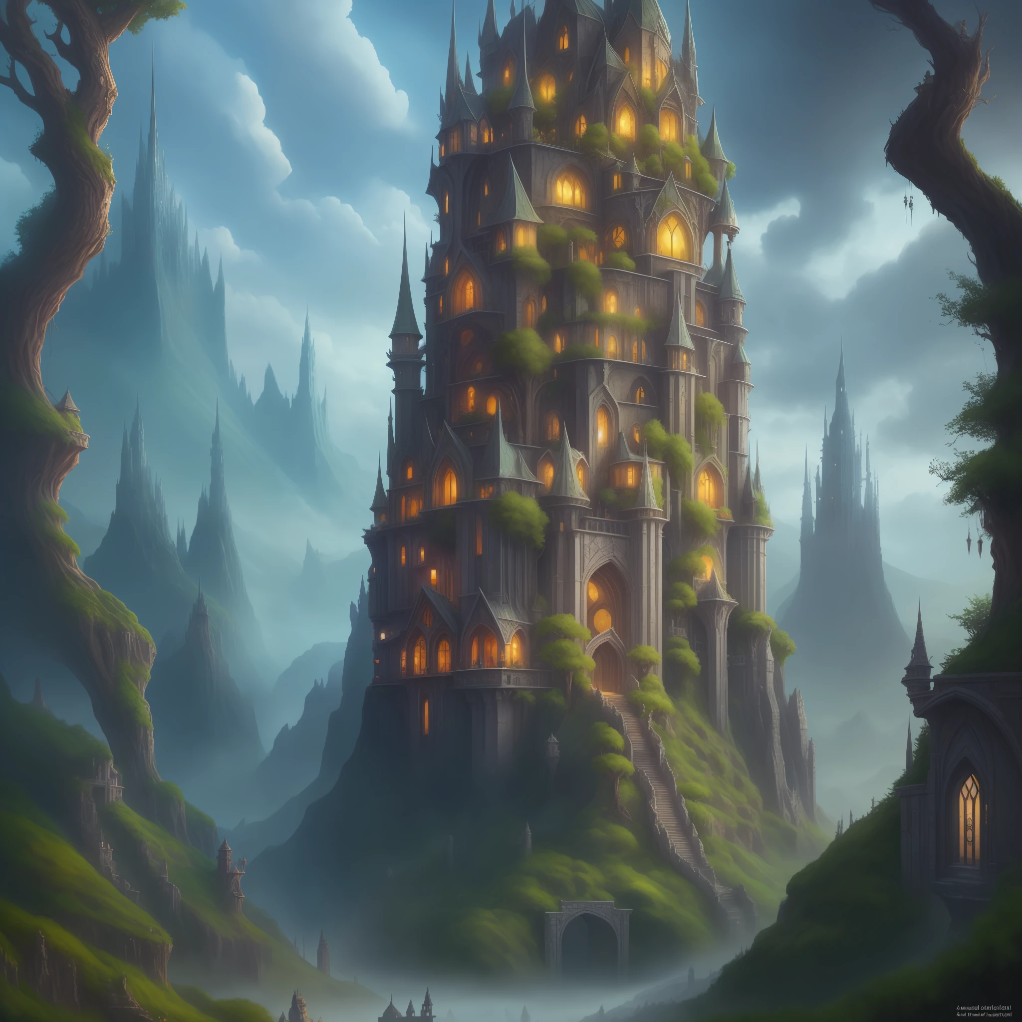 There is a tree tower, medieval, tree that has a tower in the middle of the forest, tree city, made of tree and fantasy valley, elven city, elven architecture, medeival fantasy city, fantasy city scenery, highly detailed fantasy art, painted by Andreas Rocha, Rivendell epic fantasy, detailed fantasy digital art, beautiful 3D concept art