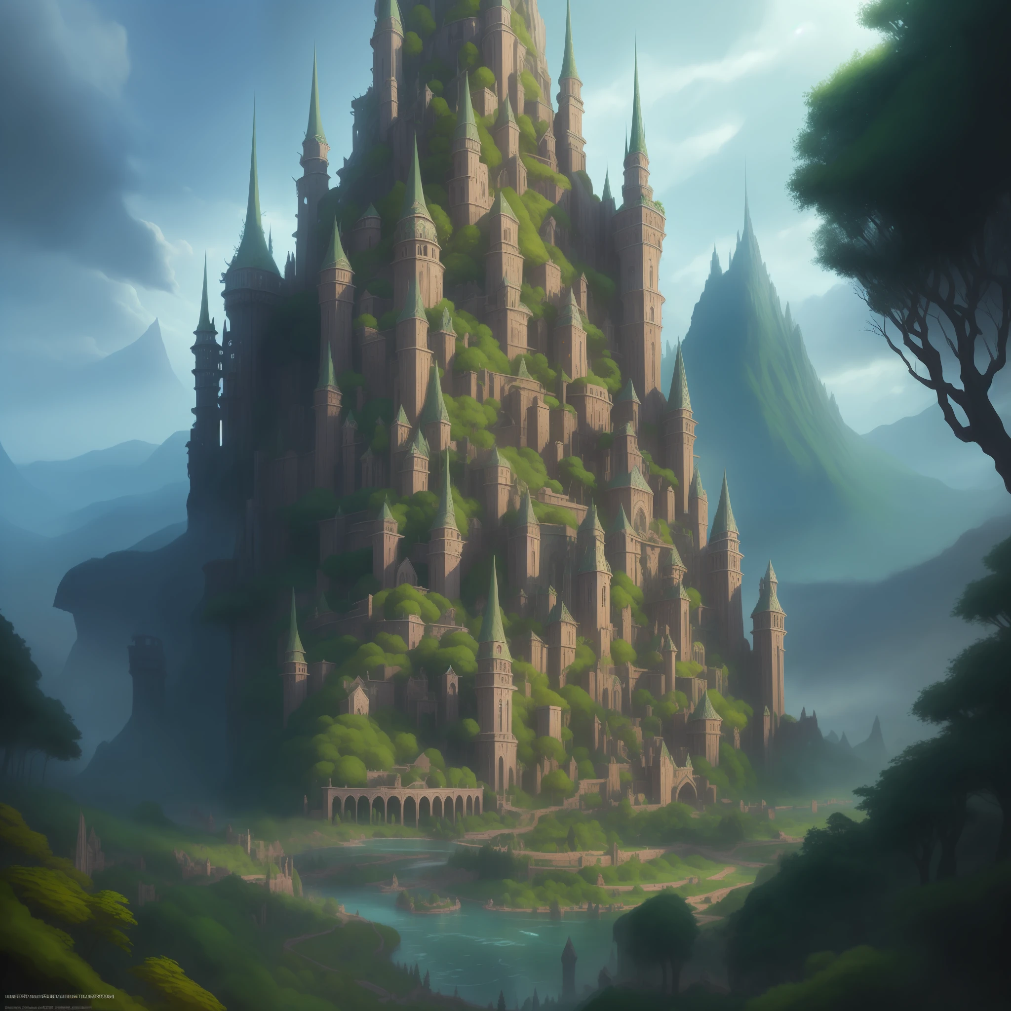 There is a tree tower, medieval, tree that has a tower in the middle of the forest, tree city, made of tree and fantasy valley, elven city, elven architecture, medeival fantasy city, fantasy city scenery, highly detailed fantasy art, painted by Andreas Rocha, Rivendell epic fantasy, detailed fantasy digital art, beautiful 3D concept art