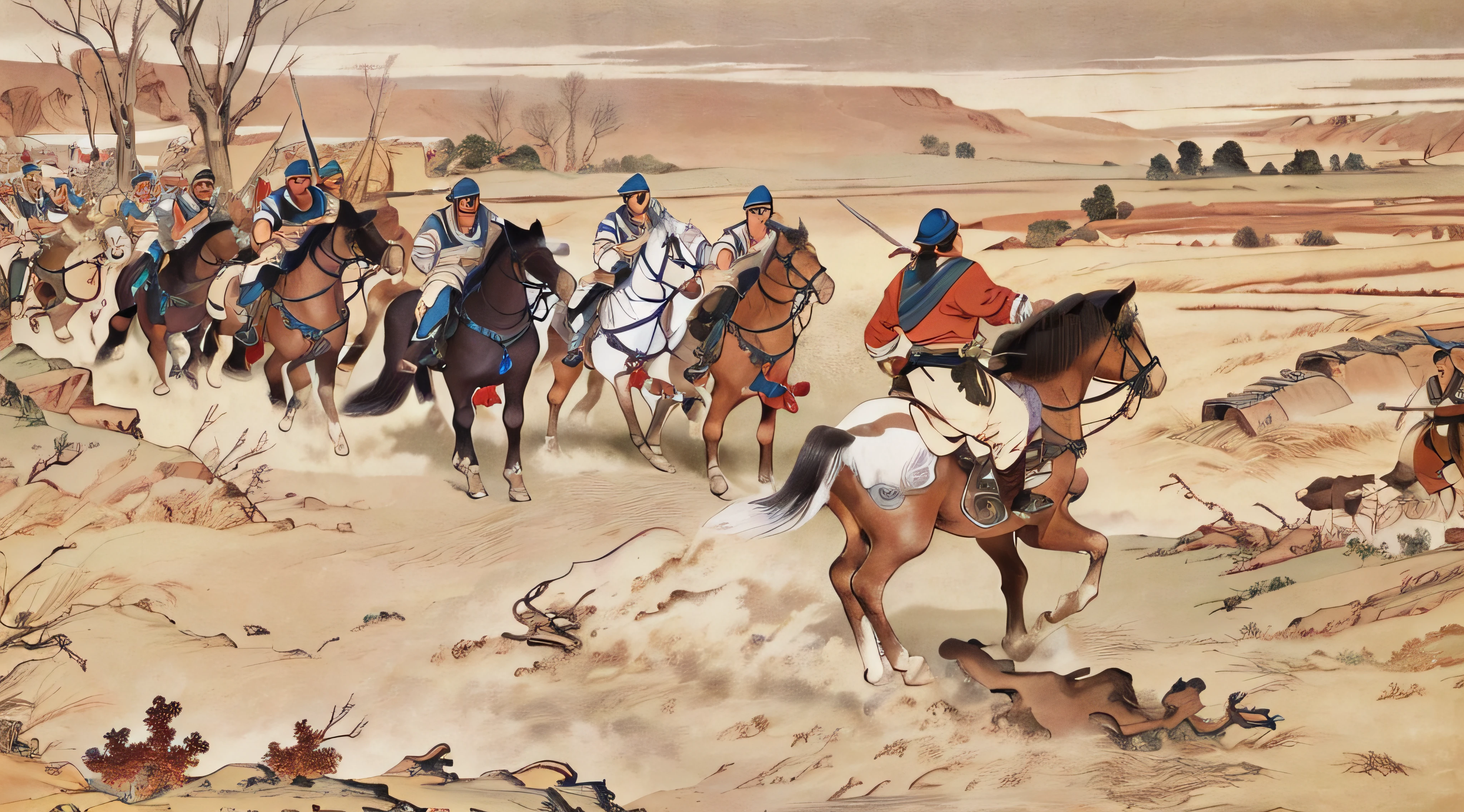 ((Best Quality)), ((Masterpiece)), (detailed), Multiple Boys, Combat, Outdoor, Battle Pose, Legion, Horse, War