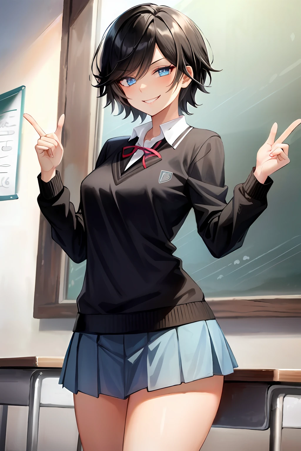 masterpiece, top quality, high resolution, masterpiece, adult woman, single, light blue best sweater, pleated mini skirt, black miniskirt, short hair, evil smile, black hair, evil smile, evil plan, school uniform, uniform, blue eyes, classroom