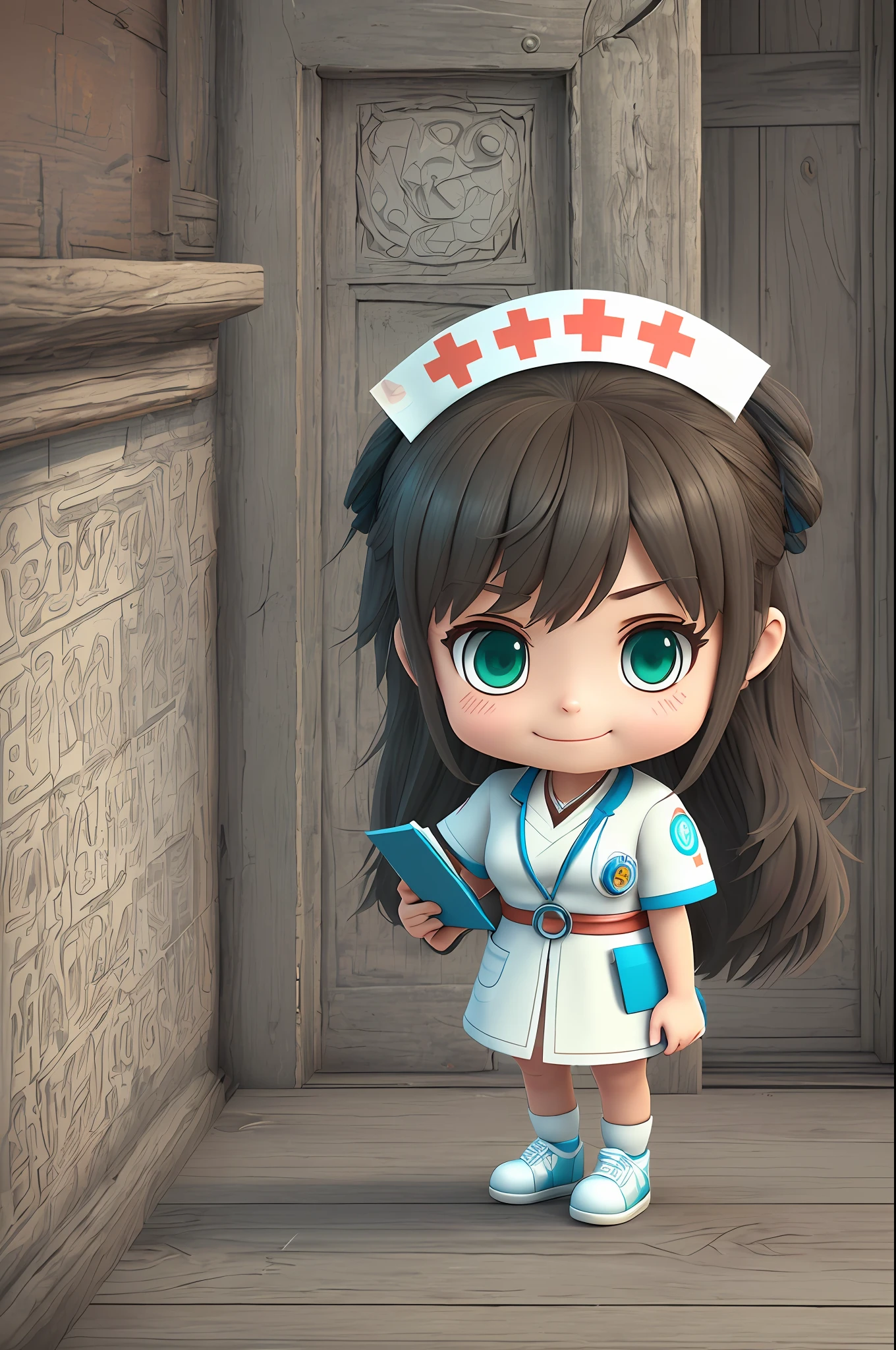 A 3D image of a nurse, full body, standing, beautiful smiling face, brown eyes, long black hair, wearing a white nurse uniform with small green and blue details holding a note folder in a chibi and Disney style, backgroundless, detailed, ultra high definition, 8K, in the style of Quixel Megascans, 3D Scan Store and Epic Games