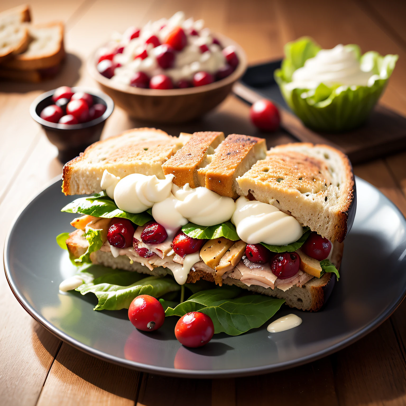 create a Turkey Cranberry sandwich: Turkey breast, cream cheese, cranberry, chopped nuts, lettuce and tomato on whole grain bread. --auto