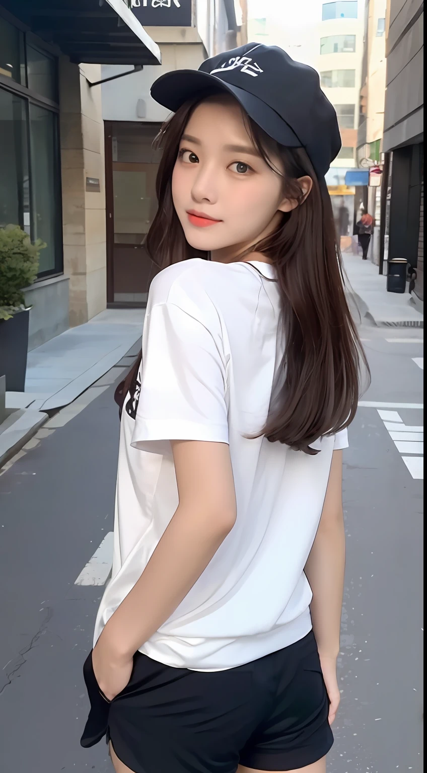 ((Best Quality, 8K, Masterpiece: 1.3)), (Fisherman's Hat: 1.3), Focus: 1.2, Perfect Body Beauty: 1.4, Buttocks: 1.2, (Layered Haircut: 1.2)), , (Dark Street: 1.3), Highly Detailed Face and Skin Texture, Fine Eyes, Double Eyelids, Whitened Skin, Navy Hat, Dance, Long Hair, (Round Face: 1.5), (Short Sleeves, Shorts: 1.6)