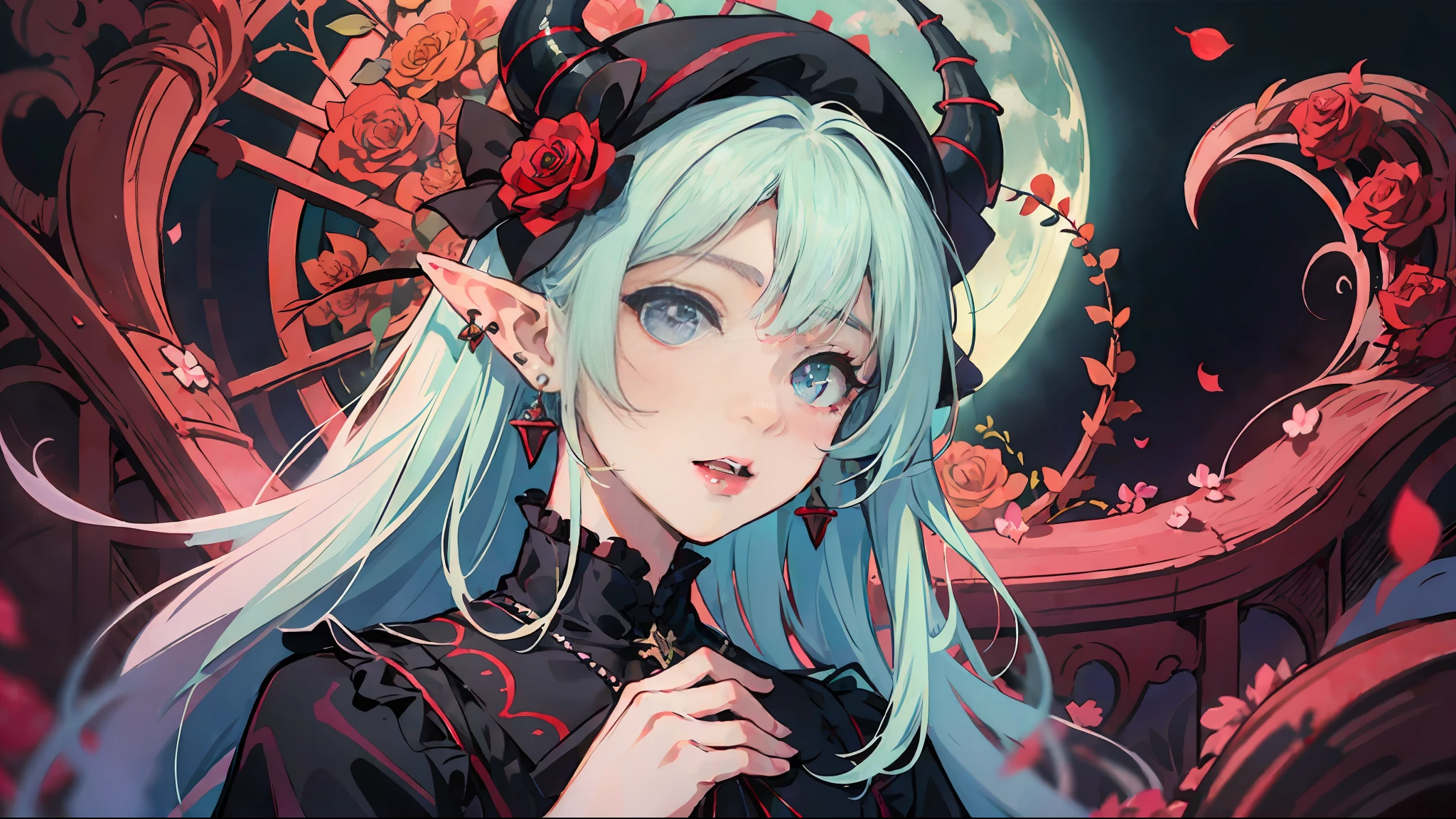 Vampire, fangs, plaid dress, super gorgeous, extremely detailed, complicated hairstyle, bow, lolita fashion, lolita style, anime girl cosplay, loli, cute, angelic pretty, loli, portrait of lolita girl, red checker, y 2k, y2k, emo style, non-mainstream, red checker, mine-series girl, harajuku style, exaggerated dressing, intricate ornaments, rock style, gothic style, pointed earrings, elf ears, earrings, earrings, lace, frills, blood-dripping roses, moonlit night, dramatic composition, ponet hat, tiny devil horns, hands wrapped around vines, thorny roses