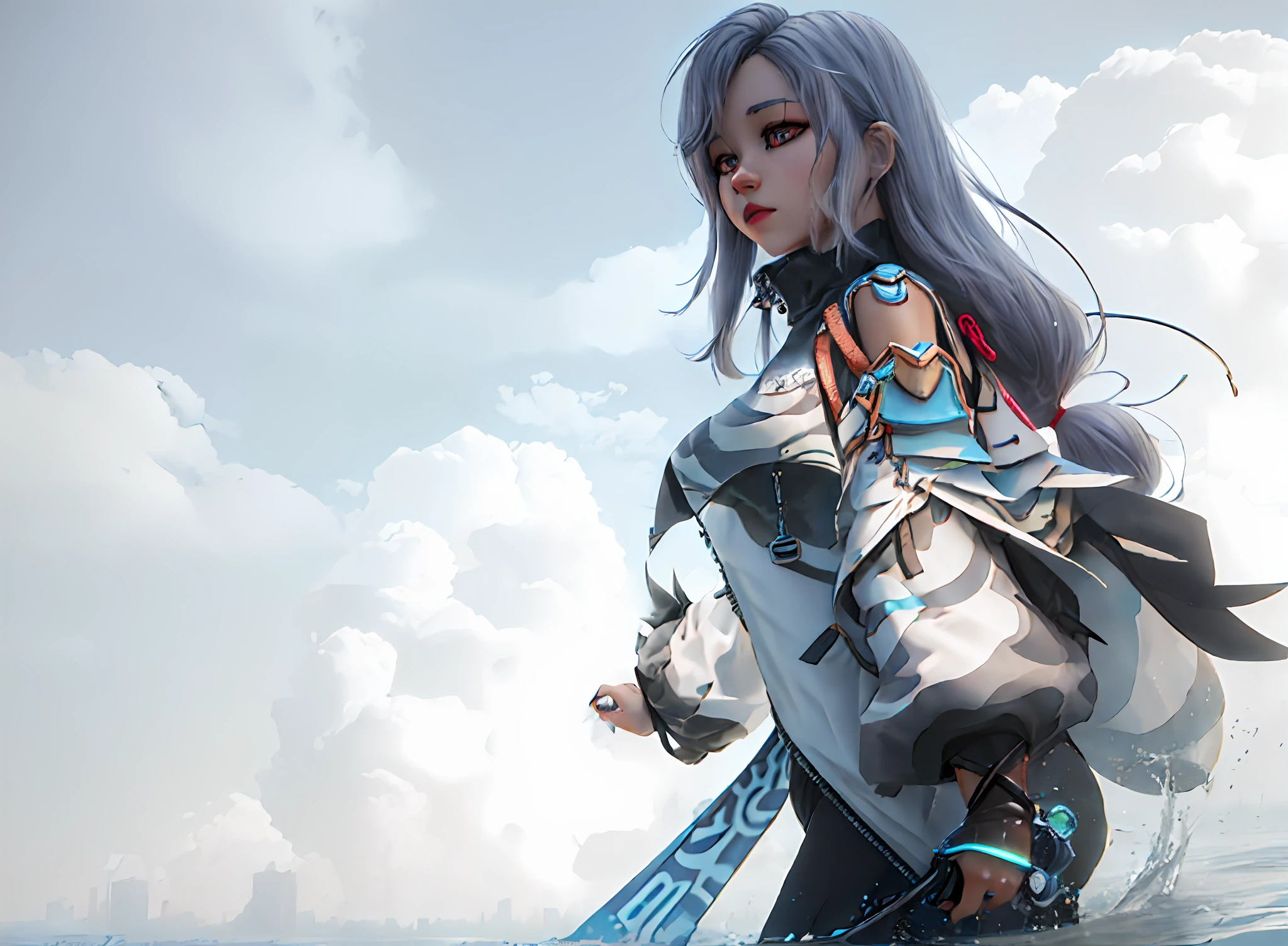 there is a woman that is standing in the water with a coat, trending on cgstation, 3 d render character art 8 k, photorealistic anime girl render, female cyberpunk anime girl, beautiful digital artwork, cyberpunk anime girl, smooth anime cg art, trending at cgstation, ross tran 8 k, tifa lockhart, 3 d anime realistic
