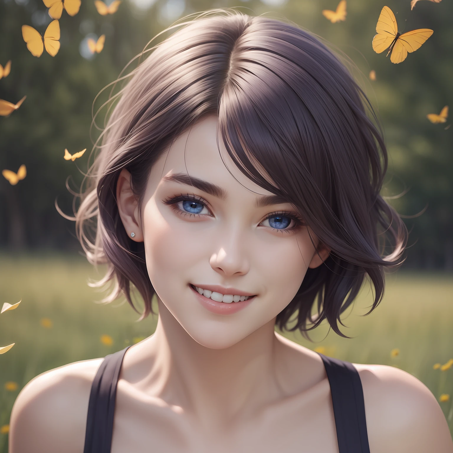 (Masterpiece) 8K resolution, top quality, gentle face man, beautiful person, smile, thin long eyebrows, purple short hair, hair fluttering in the wind, ash blue eyes, meadow, model style,