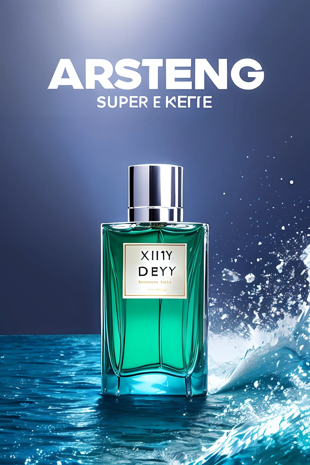 advertising banner, of a perfume CK Defy 100ml, super realistic blue sea background, banner for sale website, 5% discount