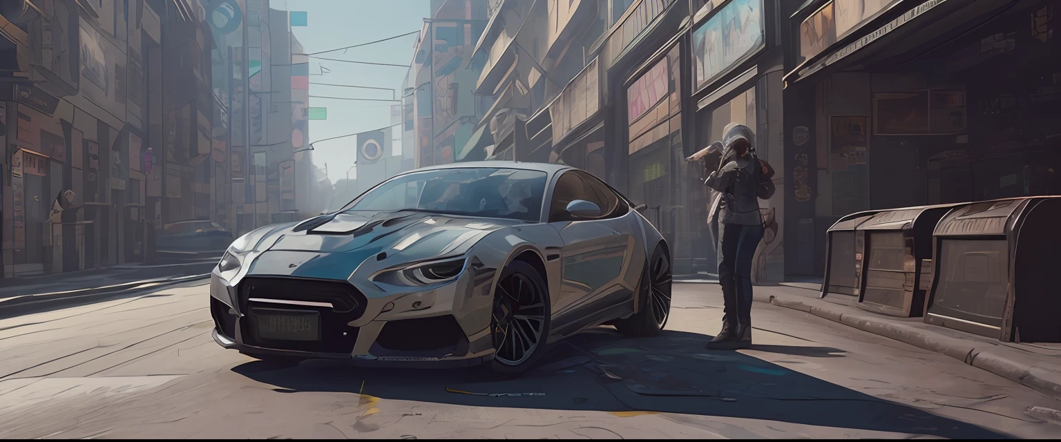 there is a silver car that is parked on the street, hyper-realistic cyberpunk style, in cyberpunk 2 0 7 7 cp 2 0 7 7, style of cyberpunk 2 0 7 7, cyberpunk 8 k, remastered chromatic aberration, in cyberpunk 2077, ( cyberpunk 2 0 7 7, (cyberpunk 2077), ray tracing on, cyberpunk highly detailed