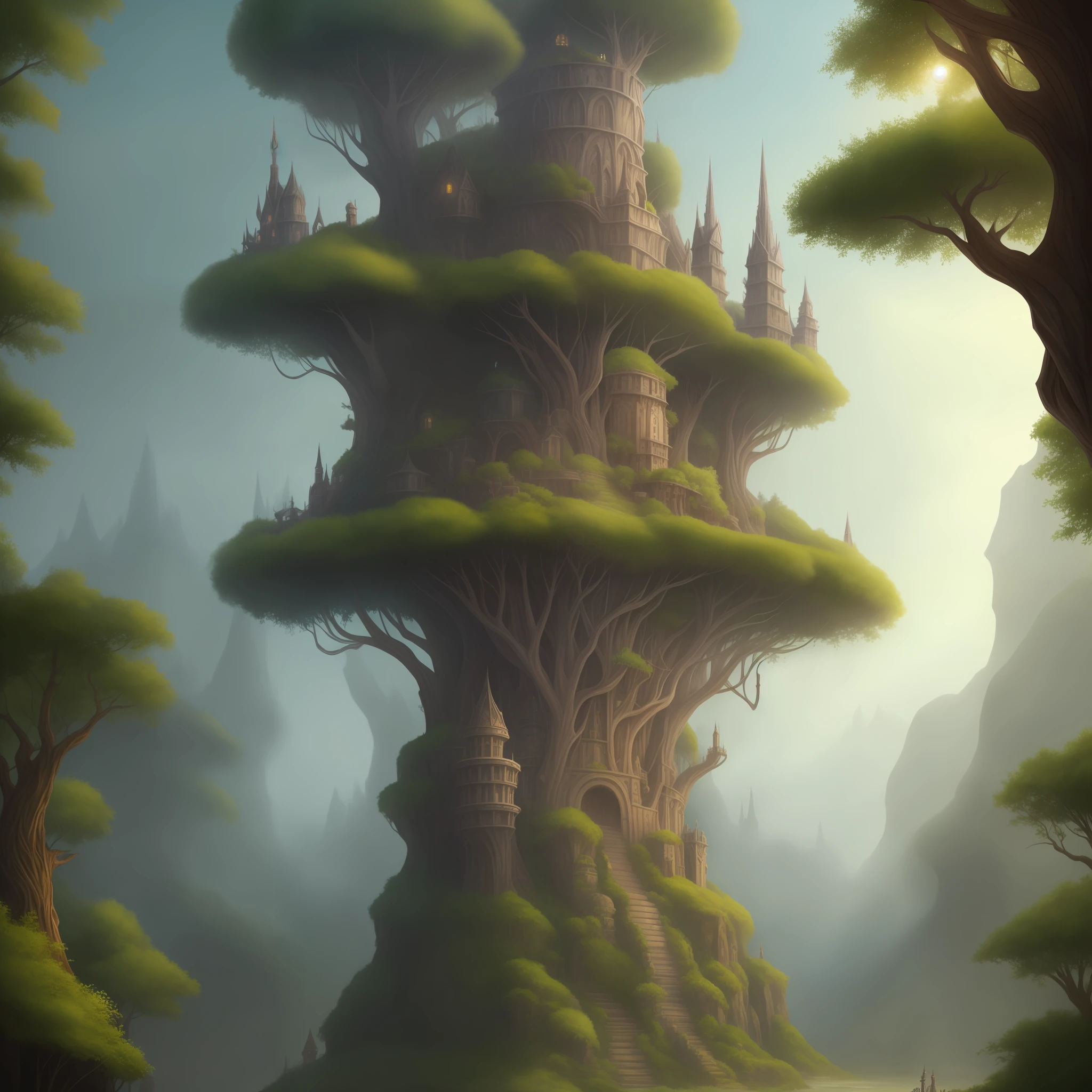 There is a tree tower, medieval, tree that has a tower in the middle of the forest, tree city, made of tree and fantasy valley, elven city, elven architecture, medeival fantasy city, fantasy city scenery, highly detailed fantasy art, painted by Andreas Rocha, Rivendell epic fantasy, detailed fantasy digital art, beautiful 3D concept art