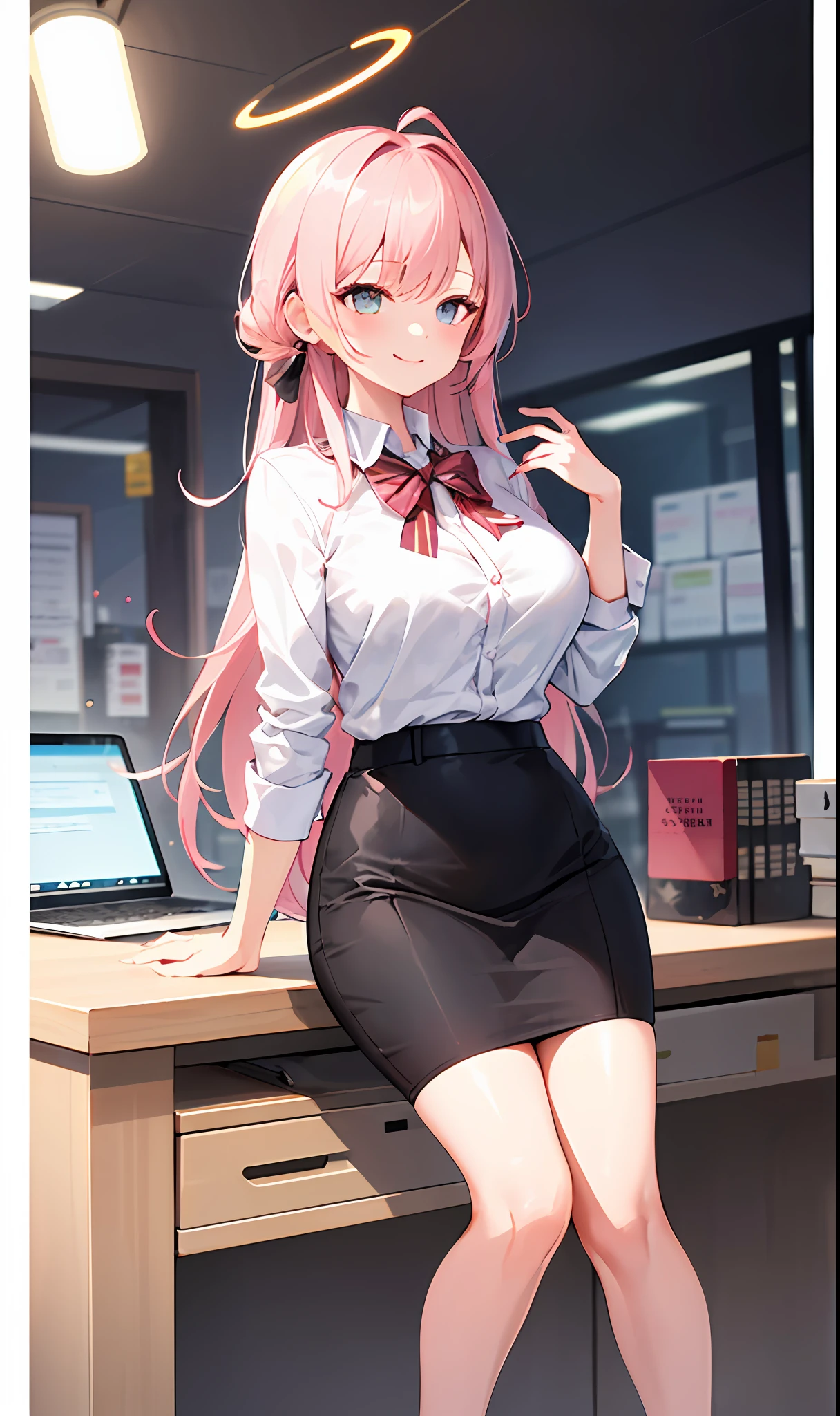 ((masterpiece, best quality)), (1girl),((mature female)), lightpink hair, halo, horn, ((office lady )),bangs,middle breast,(busty),slim,smile, [wide hips],office,standing, aru \(blue archive\),