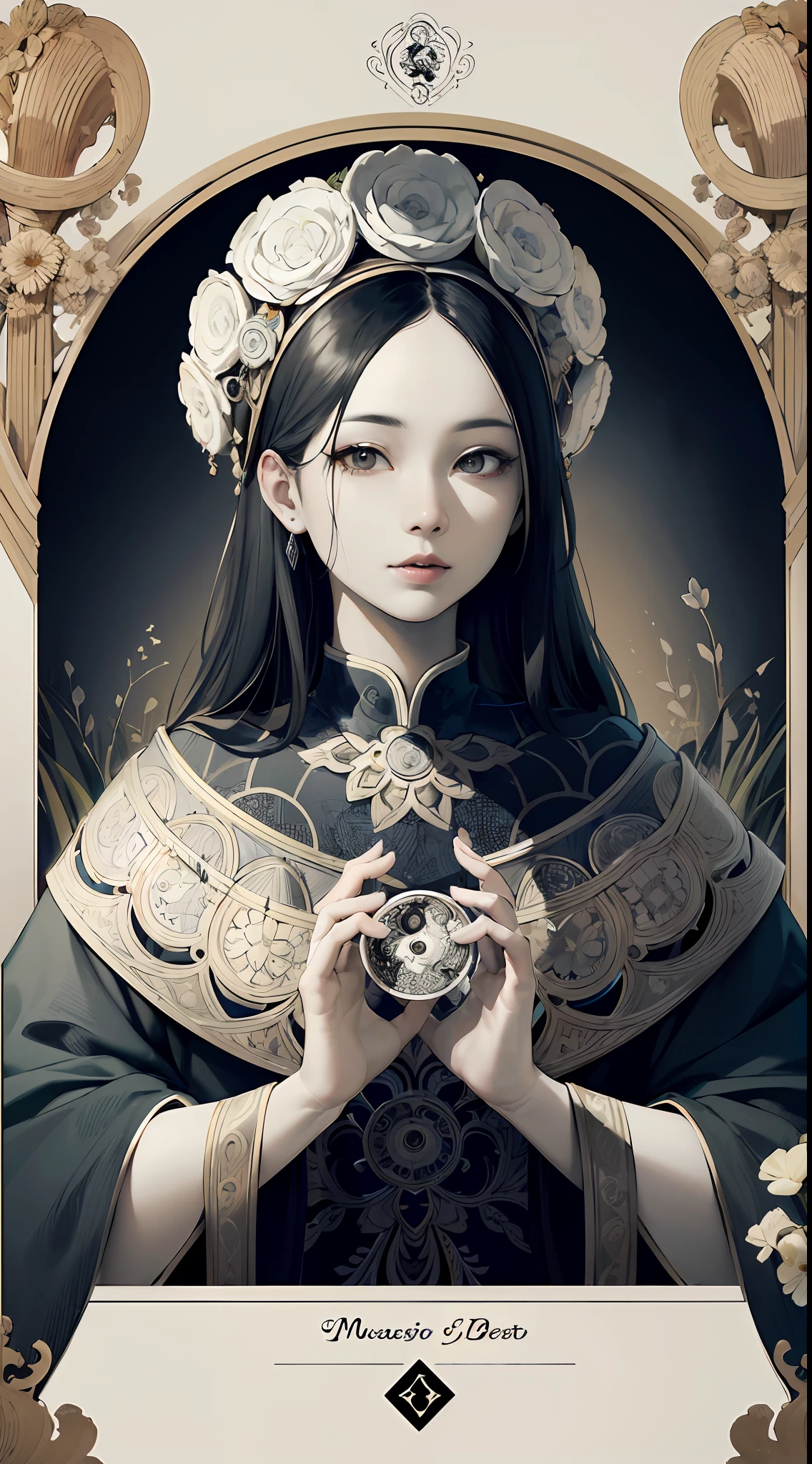 (Masterpiece, Best Quality, Highres:1.4), Detailed, Intricate Details, 4K,
color splashes, line art, fibonacci, Asian girl, mushroom,flowers ,magical,yin yang,psychedelic details art, beautiful charming face,dmt details art,(five fingers hands),(normal hands),trippy details art, tarot card style, show full objects
