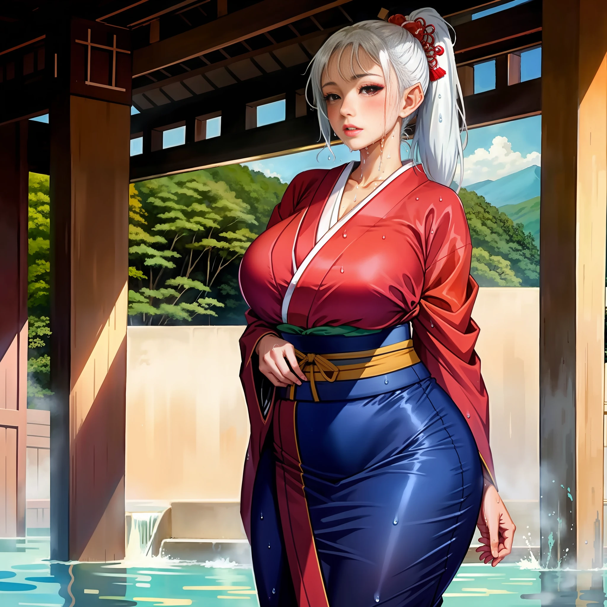 (masterpiece: 1.2, best quality), anime, (real image, intricate details, depth of field), (1girl, solo), perfect eyes, perfect face, perfect hands, perfect lighting, makeup, half-open lips, elf, highly detailed, perfect face, (huge breasts: 1.4), (skindentation), thick thighs, wide hips, thin waist, high, bright coral lips, white hair, red eyes, big ponytail, (A girl, Japanese kimono, ), (sweat: 1,2), (wet), sexy, blushing,