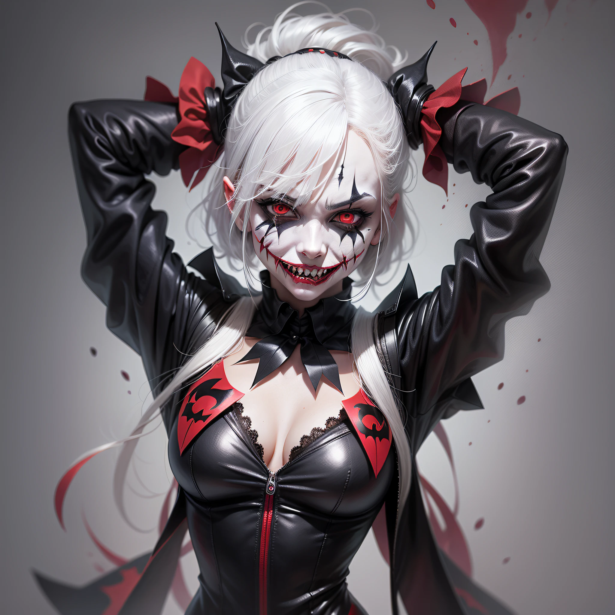 Dark joker woman, sorting sharp teeth, red eyes black clothing, white hair