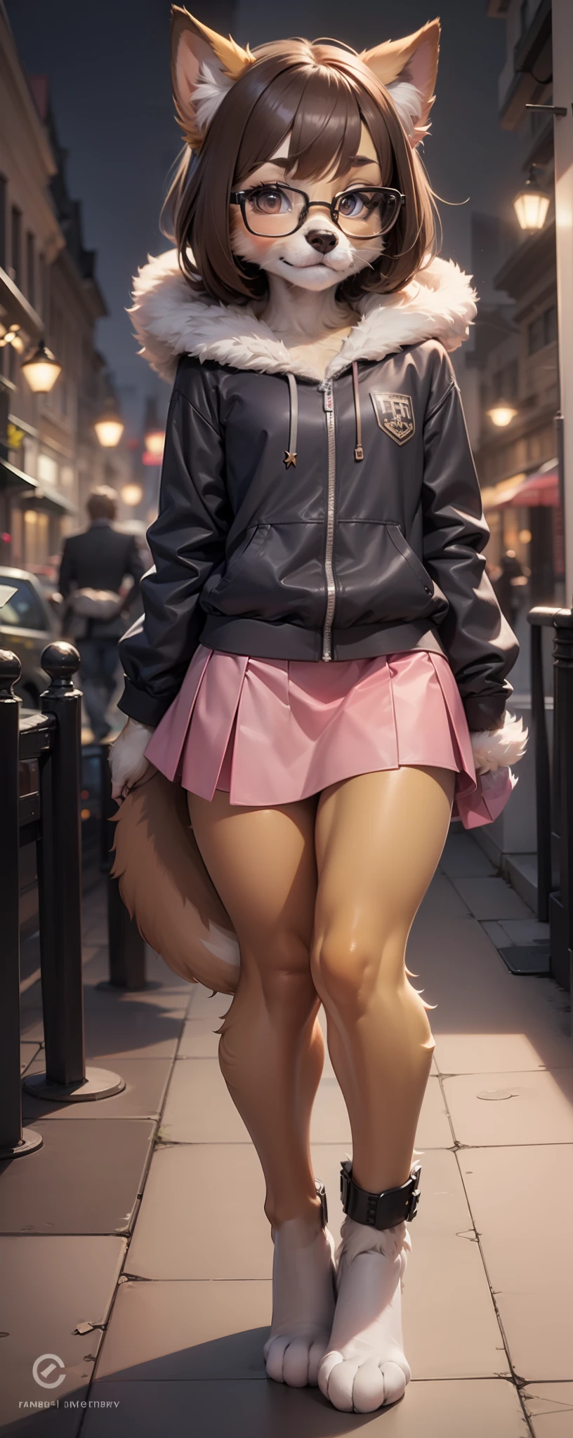 Anthro furry, fursona, dark brown hair, wearing black and pink skirt, pose, city in the night background, 1solo, wearing square glasses, fur, fur body, full body covered in fur, fluffy paws, fur body, fluffy body, small size, small body, cute fursona, cute body, fluffy, small size, kid, femboy, feminine boy