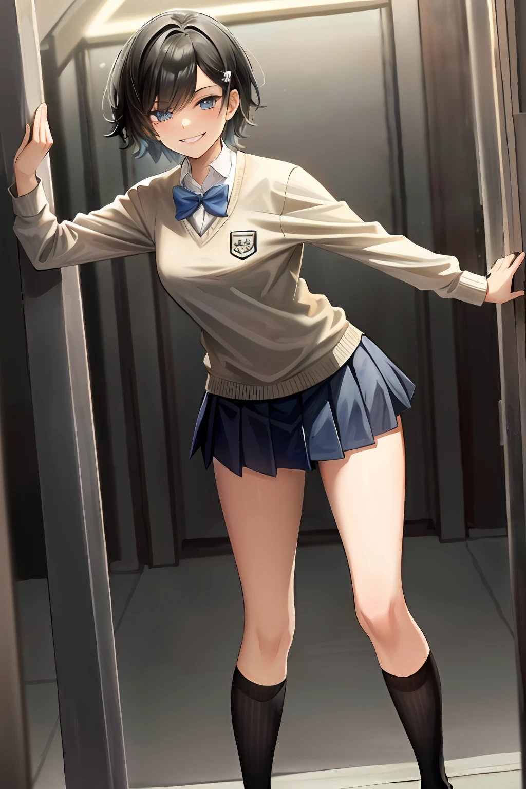 Masterpiece, Top Quality, High Resolution, Masterpiece, Adult Woman, Single, Light Blue Best Sweater, Pleated Mini Skirt, Black Miniskirt, Short Hair, Evil Smile, Black Hair, Bad Smile, Evil Plan, School Uniform, Uniform, Blue Eyes, Jail, Jail