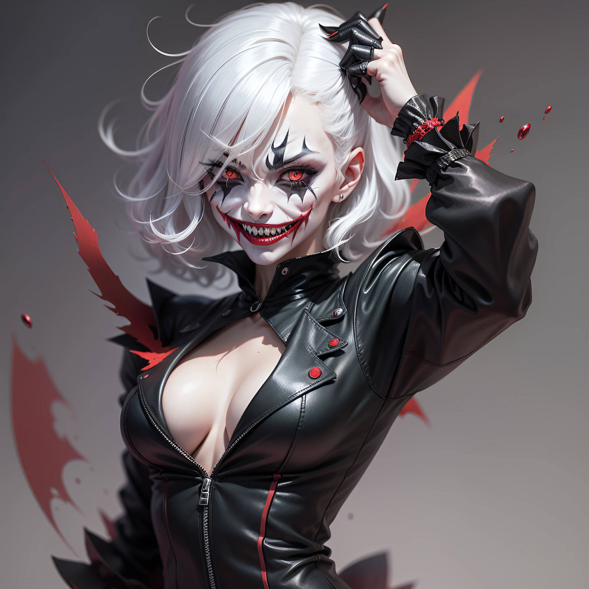 Dark joker woman, sorting sharp teeth, red eyes black clothing, white hair