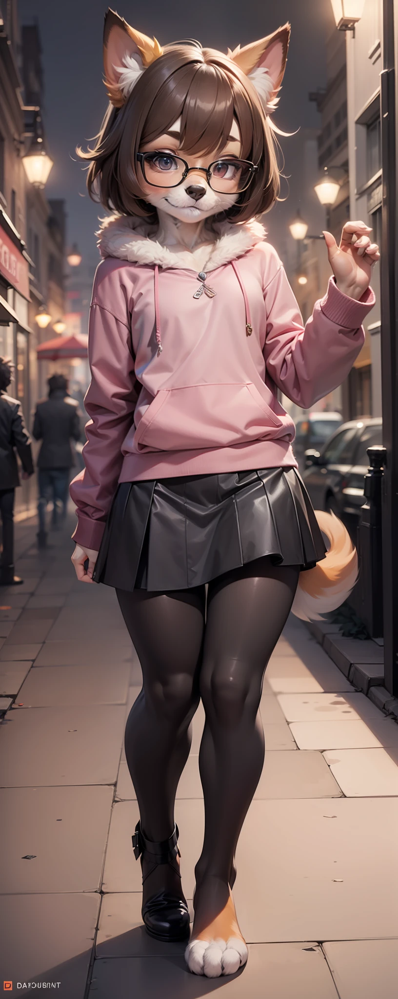 Anthro furry, fursona, dark brown hair, wearing black and pink skirt, pose, city in the night background, 1solo, wearing square glasses, fur, fur body, full body covered in fur, fluffy paws, fur body, fluffy body, small size, small body, cute fursona, cute body, fluffy, small size, kid, femboy, feminine boy