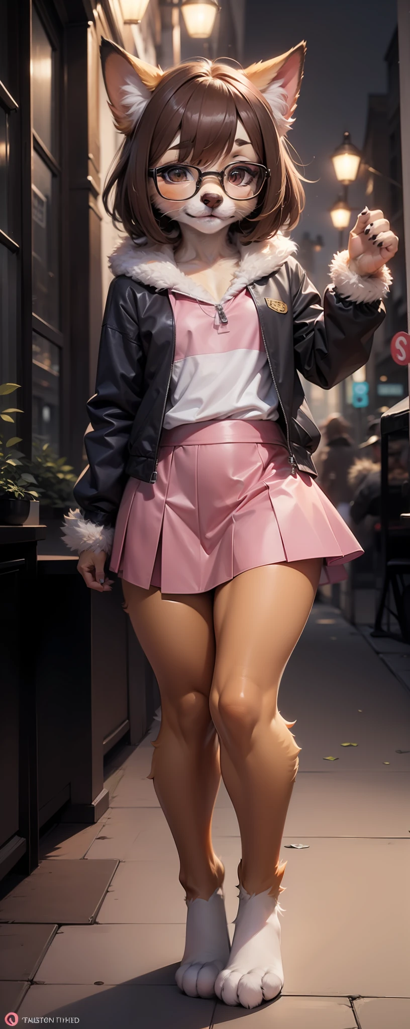 Anthro furry, fursona, dark brown hair, wearing black and pink skirt, pose, city in the night background, 1solo, wearing square glasses, fur, fur body, full body covered in fur, fluffy paws, fur body, fluffy body, small size, small body, cute fursona, cute body, fluffy, small size, ???, femboy, feminine boy