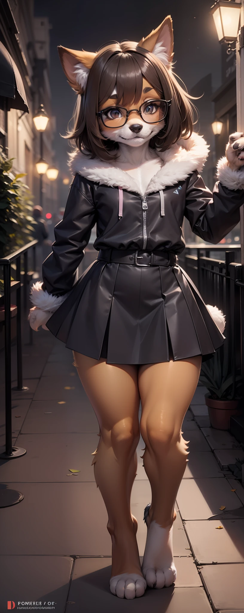 Anthro furry, fursona, dark brown hair, wearing black and pink skirt, pose, city in the night background, 1solo, wearing square glasses, fur, fur body, full body covered in fur, fluffy paws, fur body, fluffy body, small size, small body, cute fursona, cute body, fluffy, small size, , femboy, feminine boy