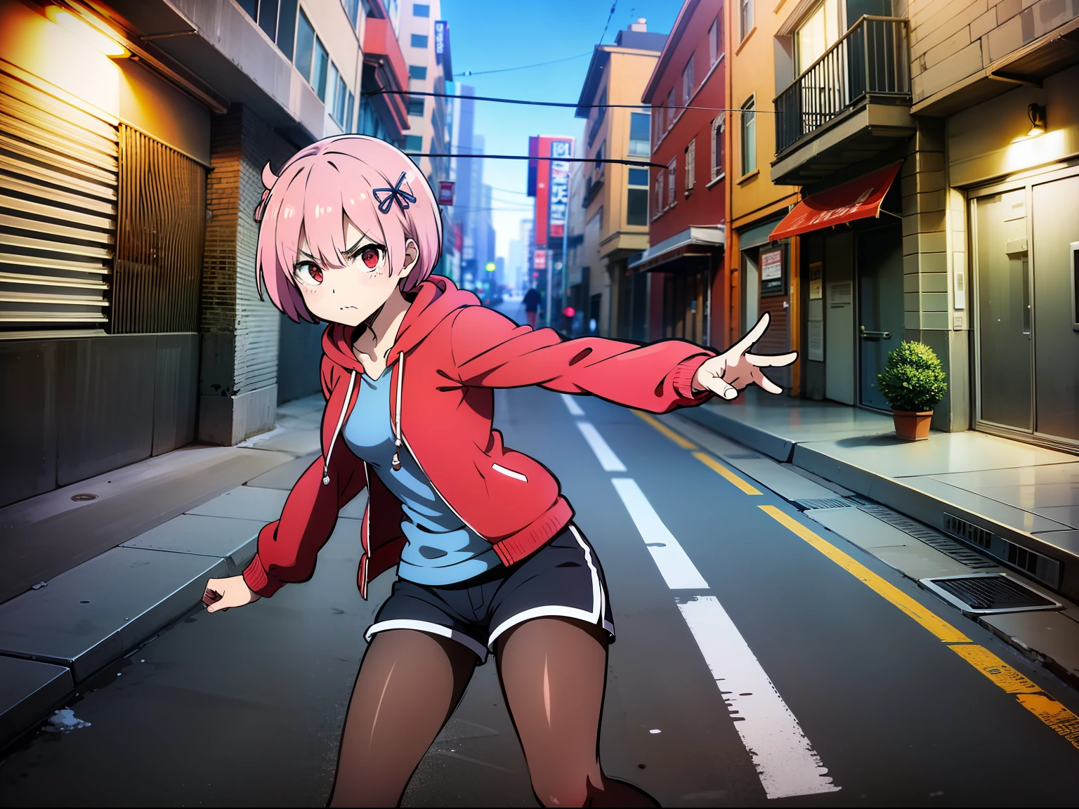 masterpiece, rem rezero, pink hair, red eyes, detailed eyes, angry face, red jacket hoodie, blue shirt, dark shorts, pantyhose, casual oufit, middle of the street, legs apart, arms extended to the sides, action pose, wind for clothes and hair,