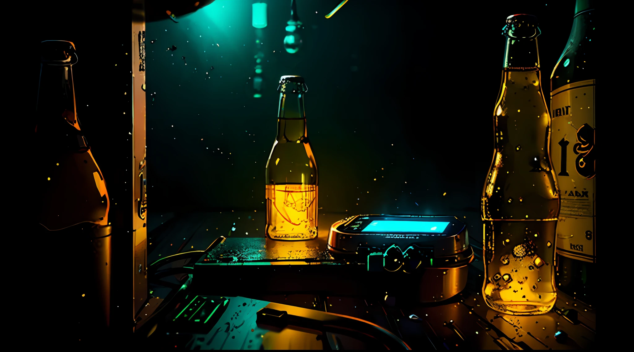 beer bottle, cyber punk, with neon,bottle, No character, bottom-up perspective, {{(masterpiece),(extremely detailed CG unit 8k wallpaper),), best quality, cinematic lighting, detailed background, ultra-detailed, masterpiece, }
