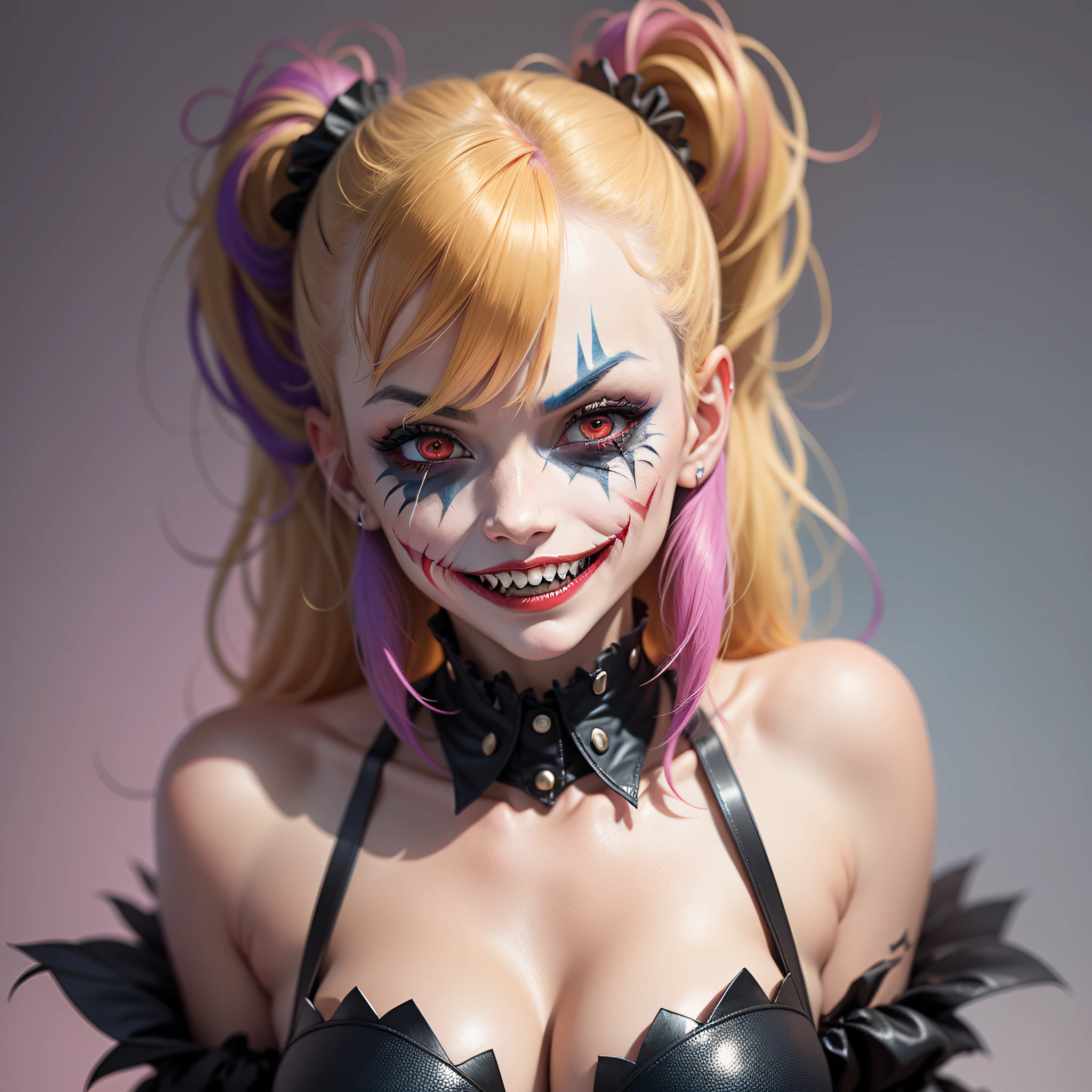 Dark joker woman, sorting sharp teeth, red eyes black outfit, blonde hair with pink and blue tips