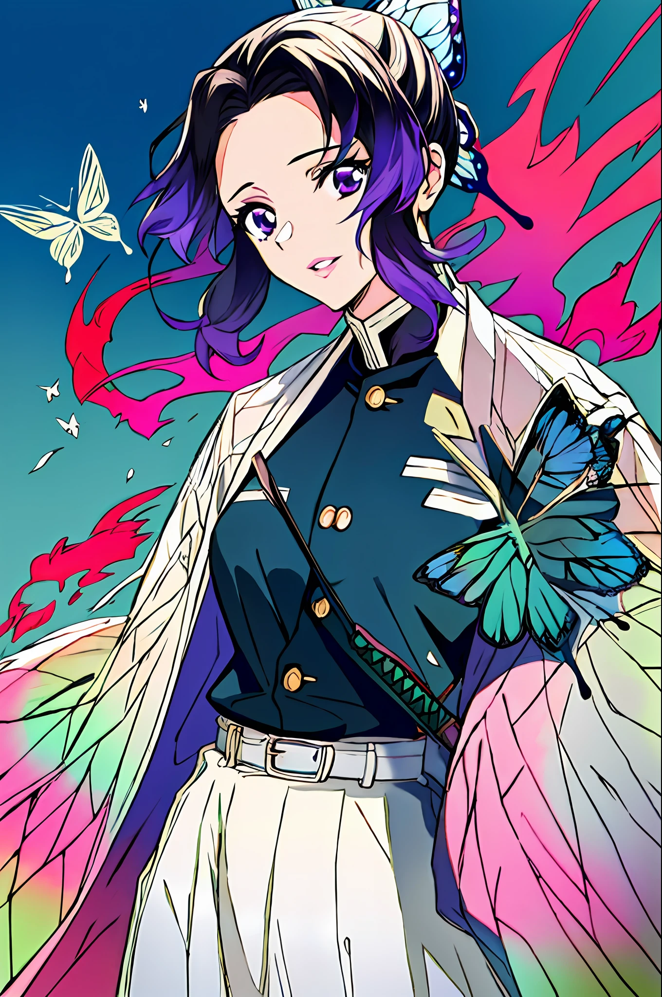 masterpiece, best_quality, ultra-detailed,flat_color, limited_palette, high_contrast, (ligne claire),(1girl:1.2),solo, kochou_shinobu, multicolored_hair, no_bangs, hair_intakes, purple_eyes, forehead, black_shirt, upper_body, haori, butterfly, buttons, belt, black_pants, (style_of_Kimetsu_no_Yaiba:0.7), scenery, (smile:0.5), realistic, realistic_lips, shiny_hair, shiny_skin, lighting, (river:0.3)