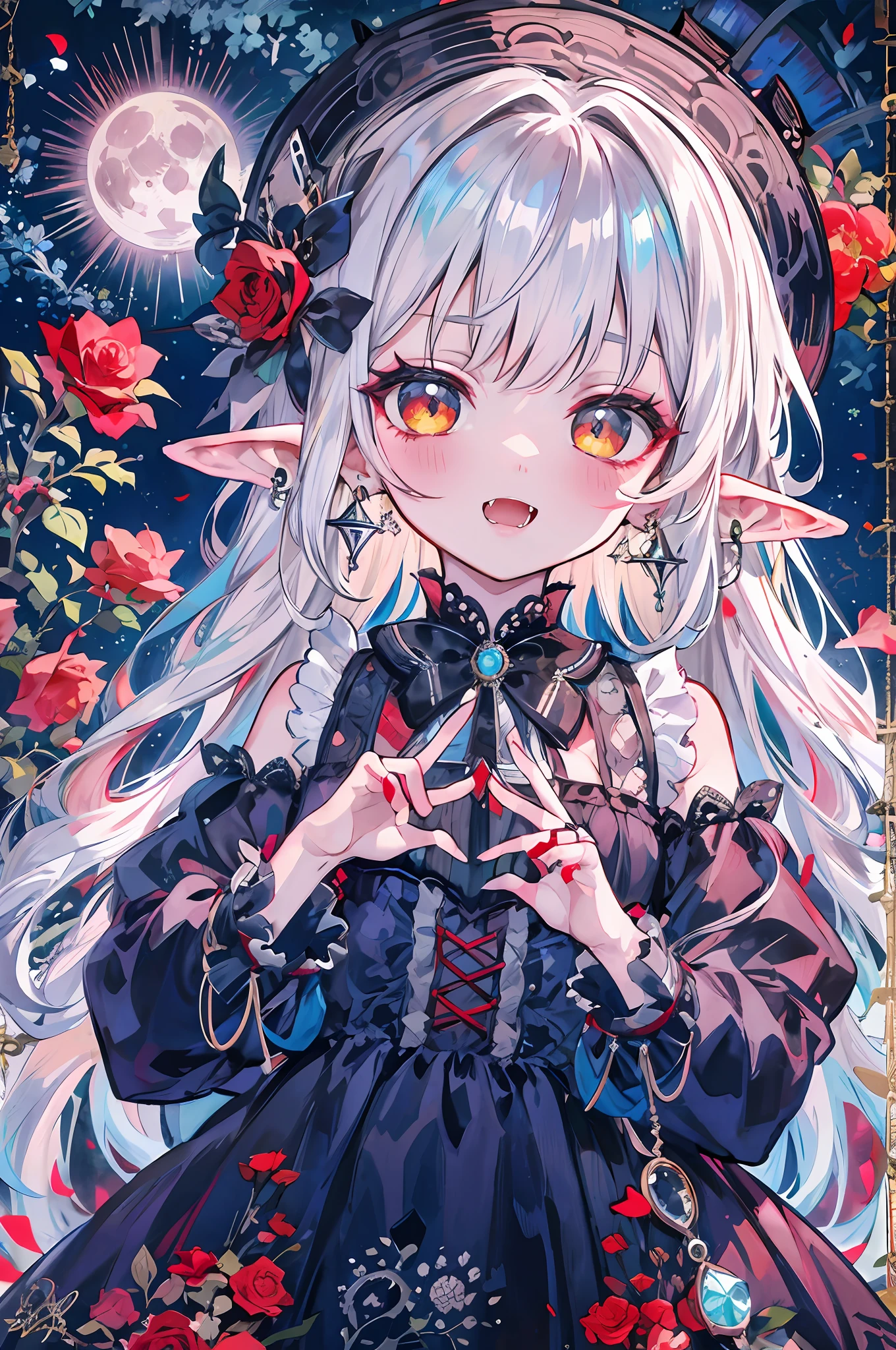 Vampire, fangs, plaid dress, super gorgeous, extremely detailed, complicated hairstyle, bow, ta fashion, lolityle, anime girl cosplay, loli, cuangelic pretty, loli, portraf lolita girl, redcker, y 2k, y2k, emo style, non-mainstream, red checker, mine-series girl, harajuku style, exaggerated dressing, intricate ornaments, rock style, gothic style, pointed earrings, elf ears, earrings, earrings, lace, frills, blood-dripping roses, moonlit night, dramatic composition, ponet hat, tiny devil horns, hands wrapped around vines, thorny roses