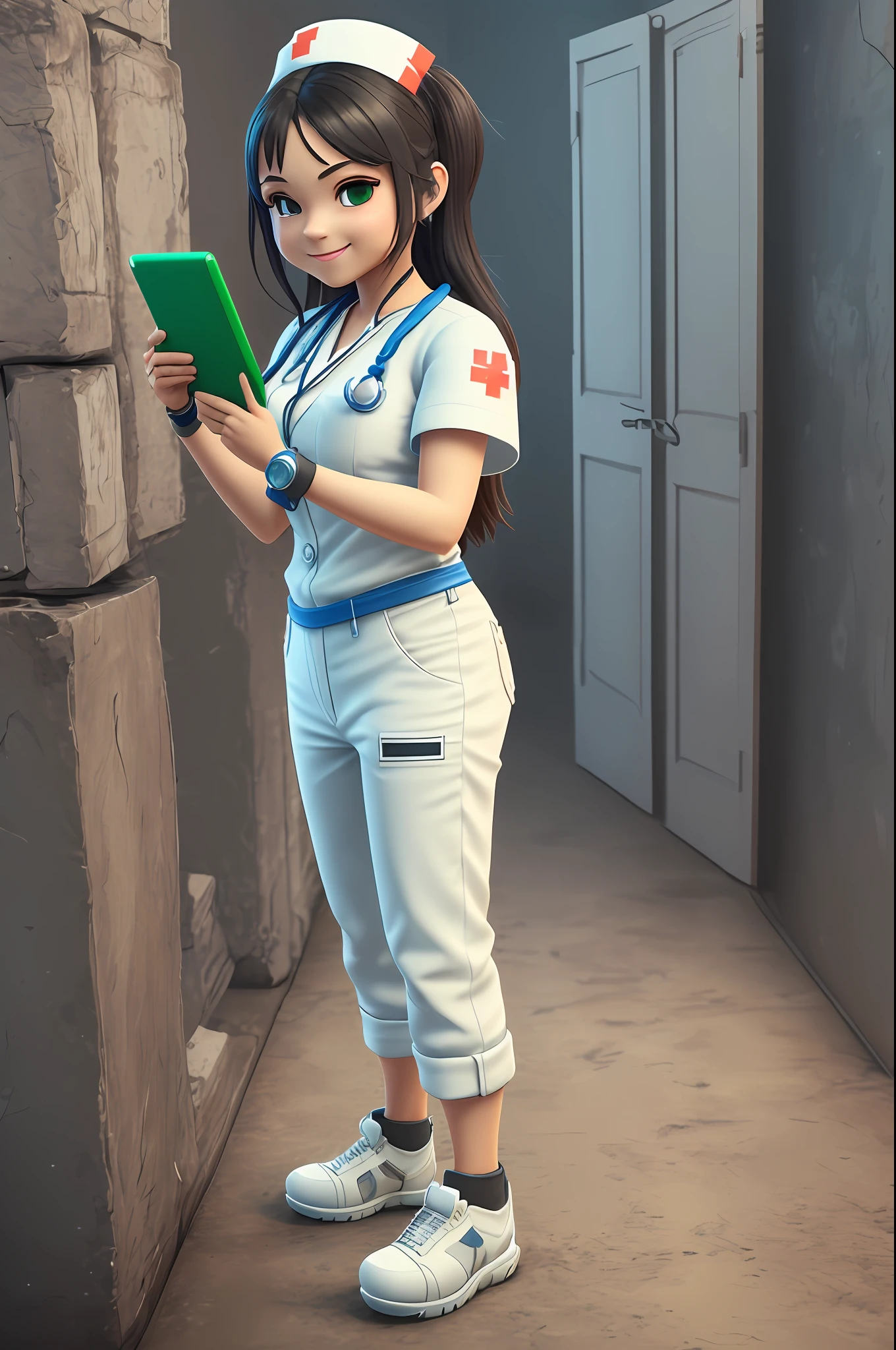 A 3D image of a nurse, full body, standing, with white pants beautiful smiling face, brown eyes, long black hair, wearing a white nurse uniform with small green and blue details holding a tablet in a chibi and Disney style, backgroundless, detailed, ultra high definition, 8K, in the style of Quixel Megascans, 3D Scan Store and Epic Games