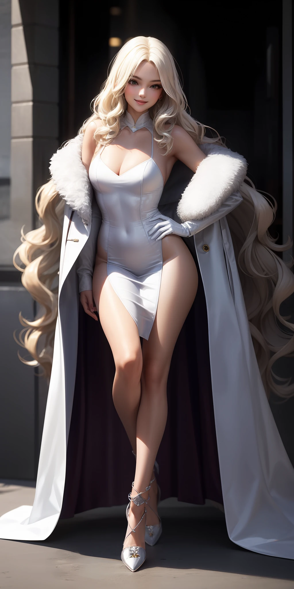 platinum blonde, wavy hair, very long hair, long lashes, smile, beauty, full body, luxury Fur Warm thick white coat, purple satin dress