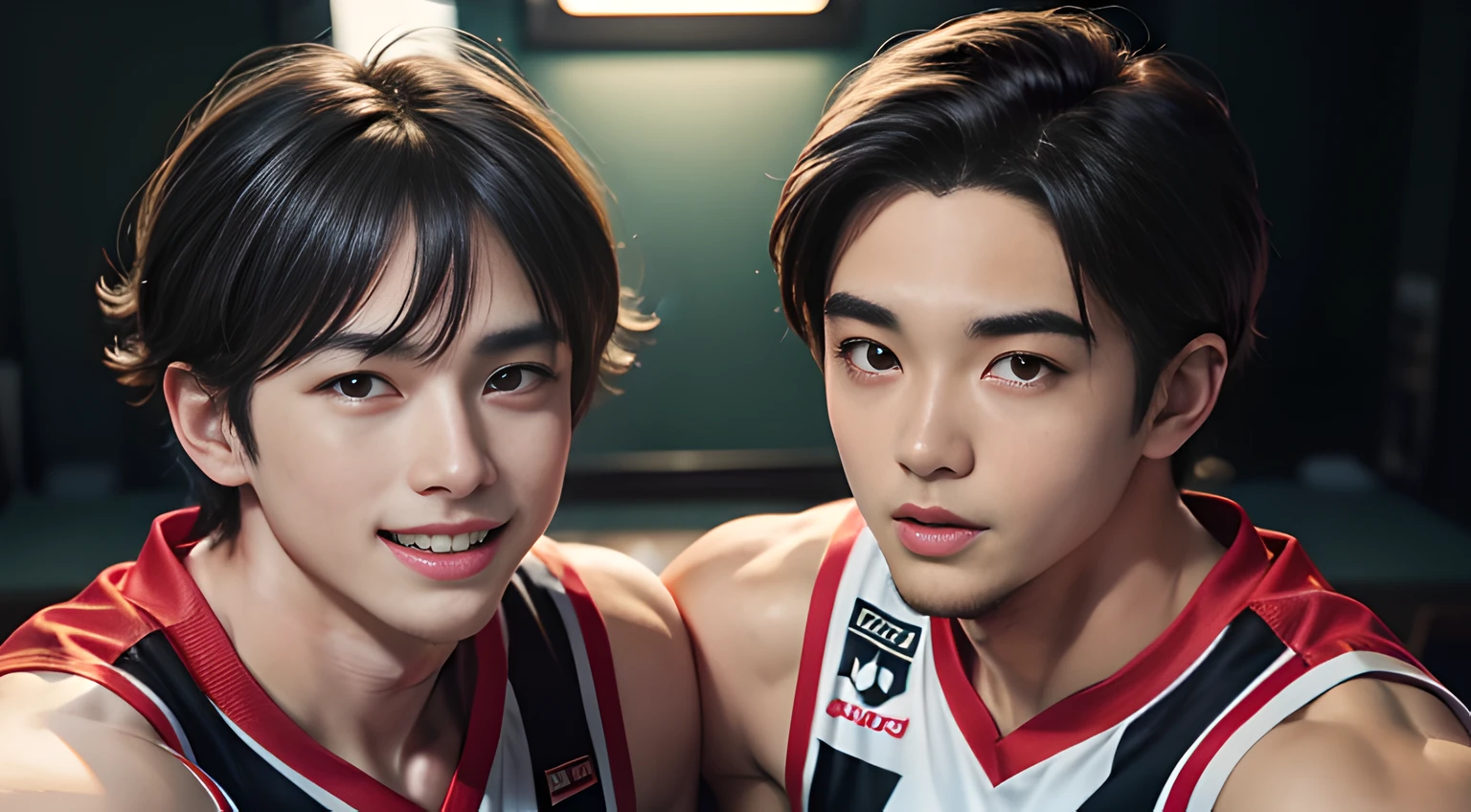 short dark blue hair, handsome muscular young man in his 20's, mischievous smile,