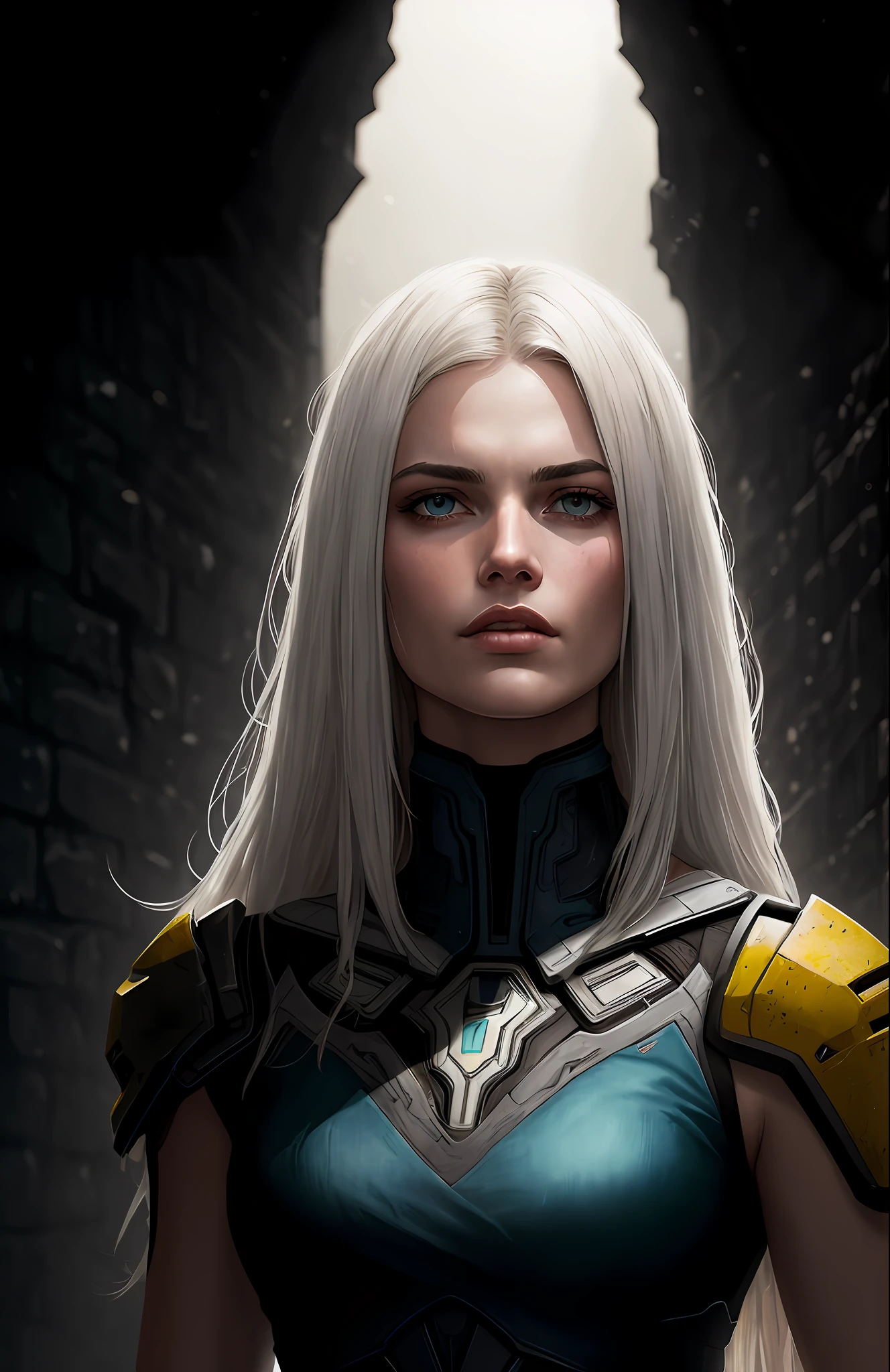 (Dark photo: 1.1), realistic epic, halo portrait, long hair, blue eyes, white hair by Greg Tocchini's Celeana Sardothien, character with Joe Fenton's rosode James Gilleard, by Kaethe Butcher, yellow gradient, black, brown and magenta color scheme, medieval aesthetic!! Village wall background, art by Greg Rutkowski and Artgerm, soft cinematic light, adobe lightroom, photo lab, HDR, intricate, highly detailed, (depth of field: 1.4), faded, (neutral colors: 1.2), (hdr: 1.4), (soft colors:1.2), hyperdetailed, (artstation:1.4), cinematic, warm lights, dramatic light, (intricate details:1.1), complex background, (rutkowski:0.66), (blue and orange:0.4)