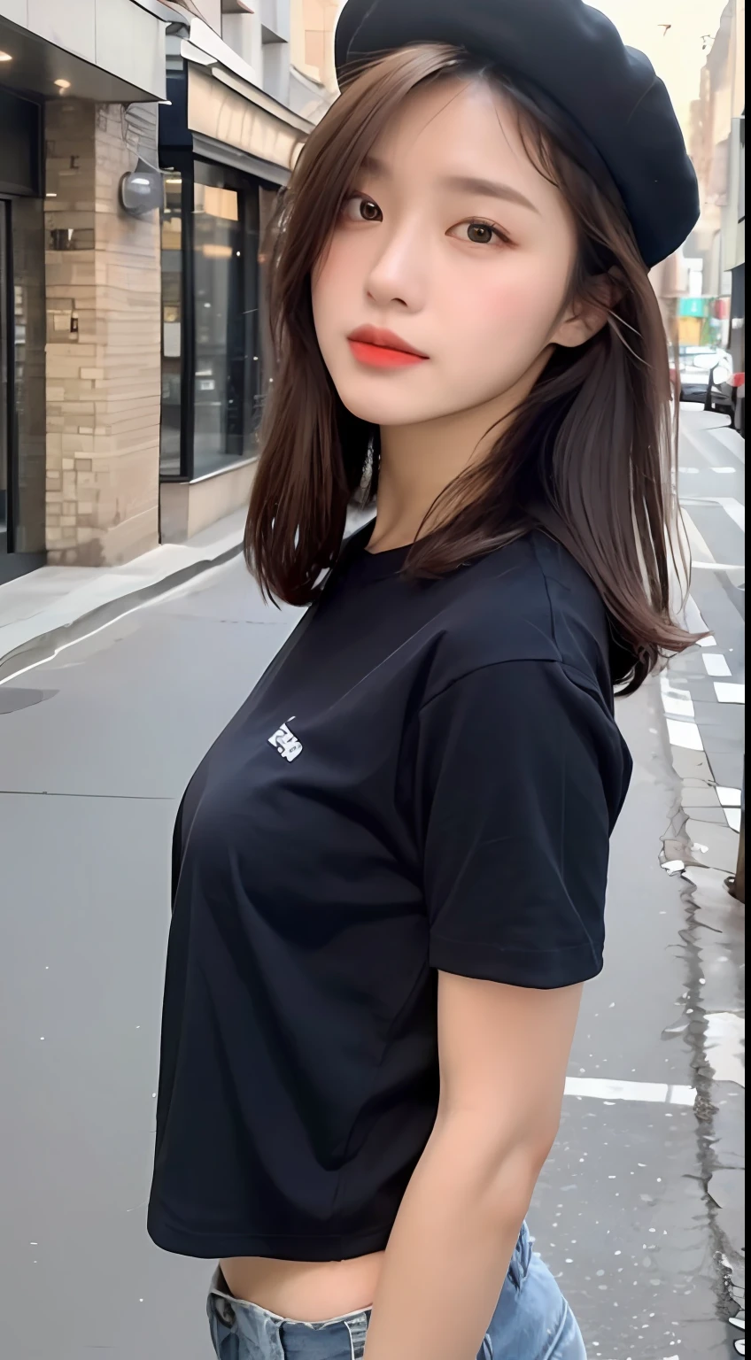 ((Best Quality, 8K, Masterpiece: 1.3)), (Navy Hat: 1.3), Focus: 1.2, Perfect Body Beauty: 1.4, Buttocks: 1.2, (Layered Haircut: 1.2)), (Dark Street: 1.3), Highly Detailed Face and Skin Texture, Fine Eyes, Double Eyelids, Whitening Skin, Very Short Broken Shorts: , Dance, Long Hair, (Round Face: 1.5), (Short Sleeves, Very Short Broken Shorts: 1.6)