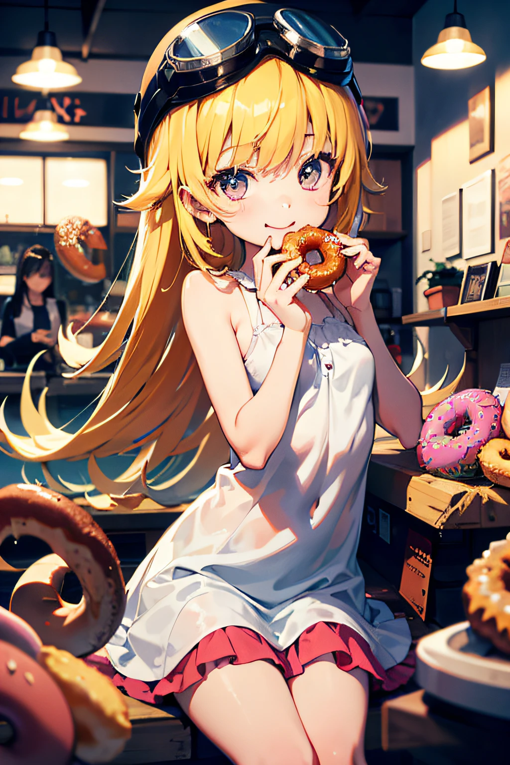 high resolution, loli, 10 years old, 10 year old girl, donut eating, masterpiece, best quality, ultra high definition, best resolution, very detailed, professional lighting, clean skin, slender, very cute, long hair, donut shop, coffee shop, coffee shop, colorful donuts, happy, joyful, rejoicing, widespread smile, eyes shining, blonde, young face, slightly smaller breasts, 1girl, little girl, helmet, goggles