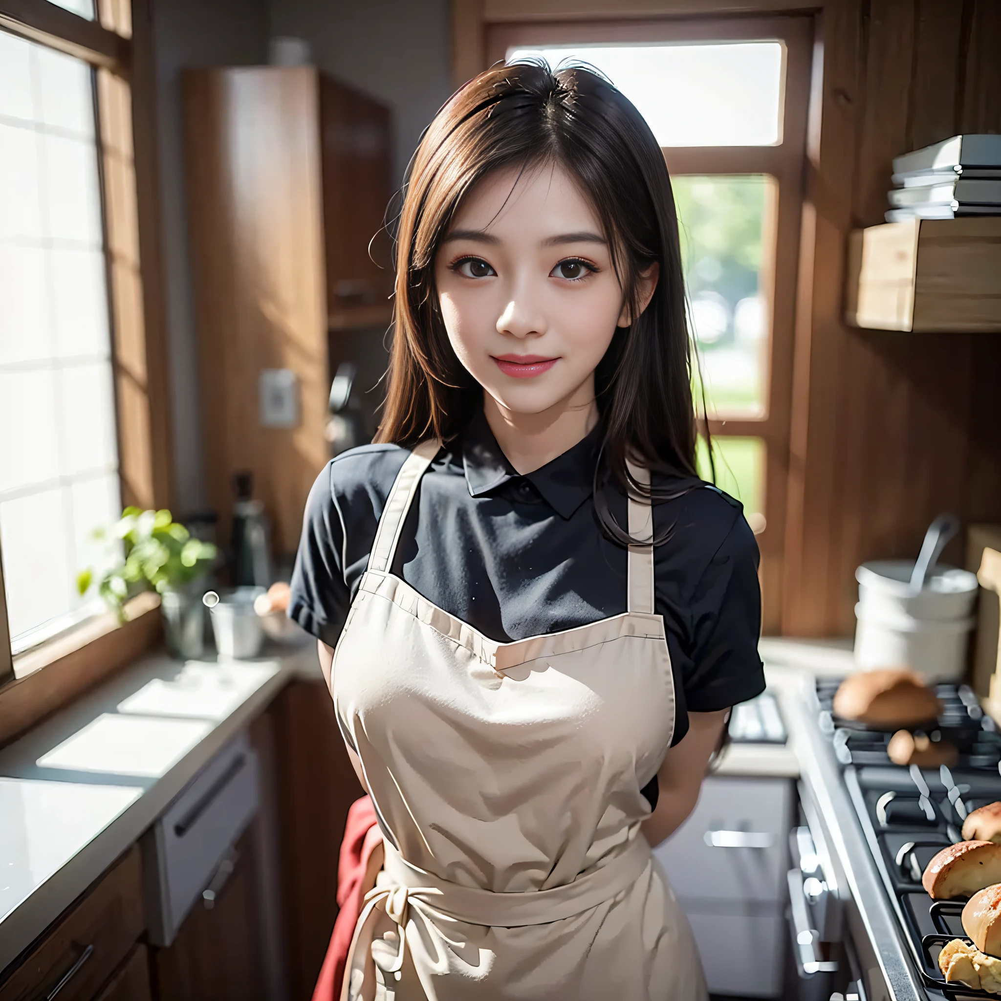 masterpiece, 1girl, woman in apron posing in kitchen, perfect anatomy, beautiful asian girl, smiling, korean girl, symmetrical limbs, five fingers of a person, realistic kitchen, sexy apron, sexy expression on camera, big breasts, double eyelids, beautiful young korean woman, beautiful girlfriend, beautiful korean woman, good young girl, goddess of Japan