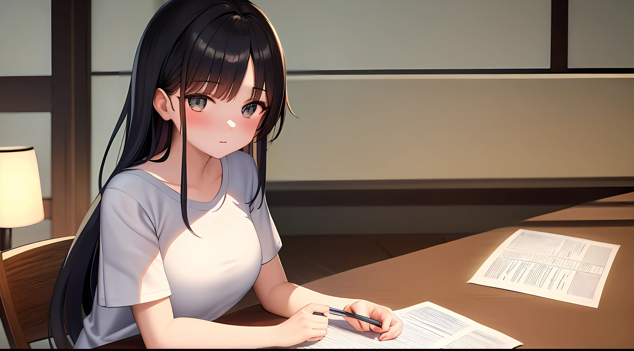 masterpiece, top quality, high resolution, one girl, loose t-shirt, girl sitting on chair and studying drafting at desk,, study seriously, study hard, drafting, beauty, cute, Japan idol, paperwork, architect,
